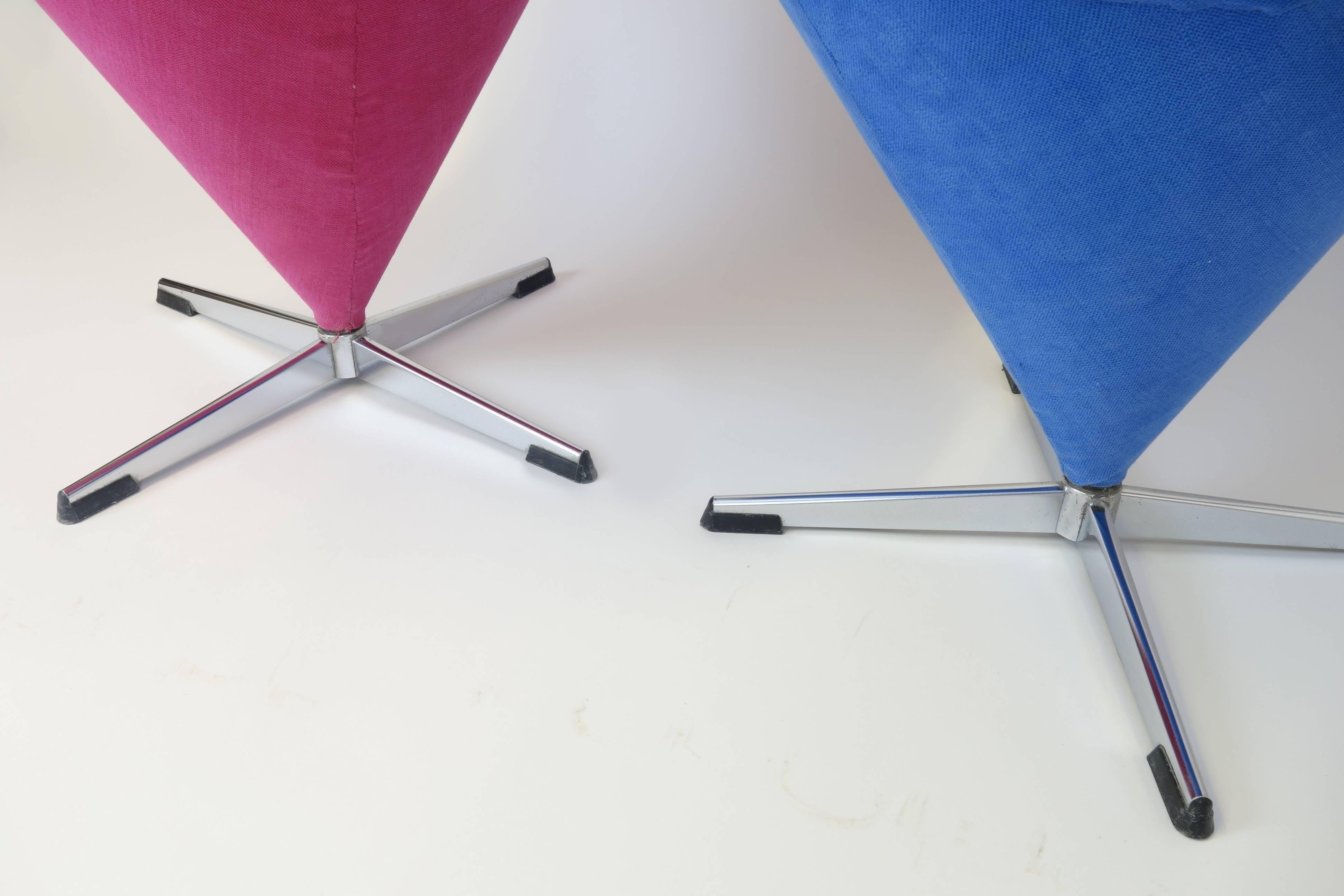 Danish Verner Panton Design Pair of Cone Chairs Vitra Blue Red Denmark Original Nehl For Sale