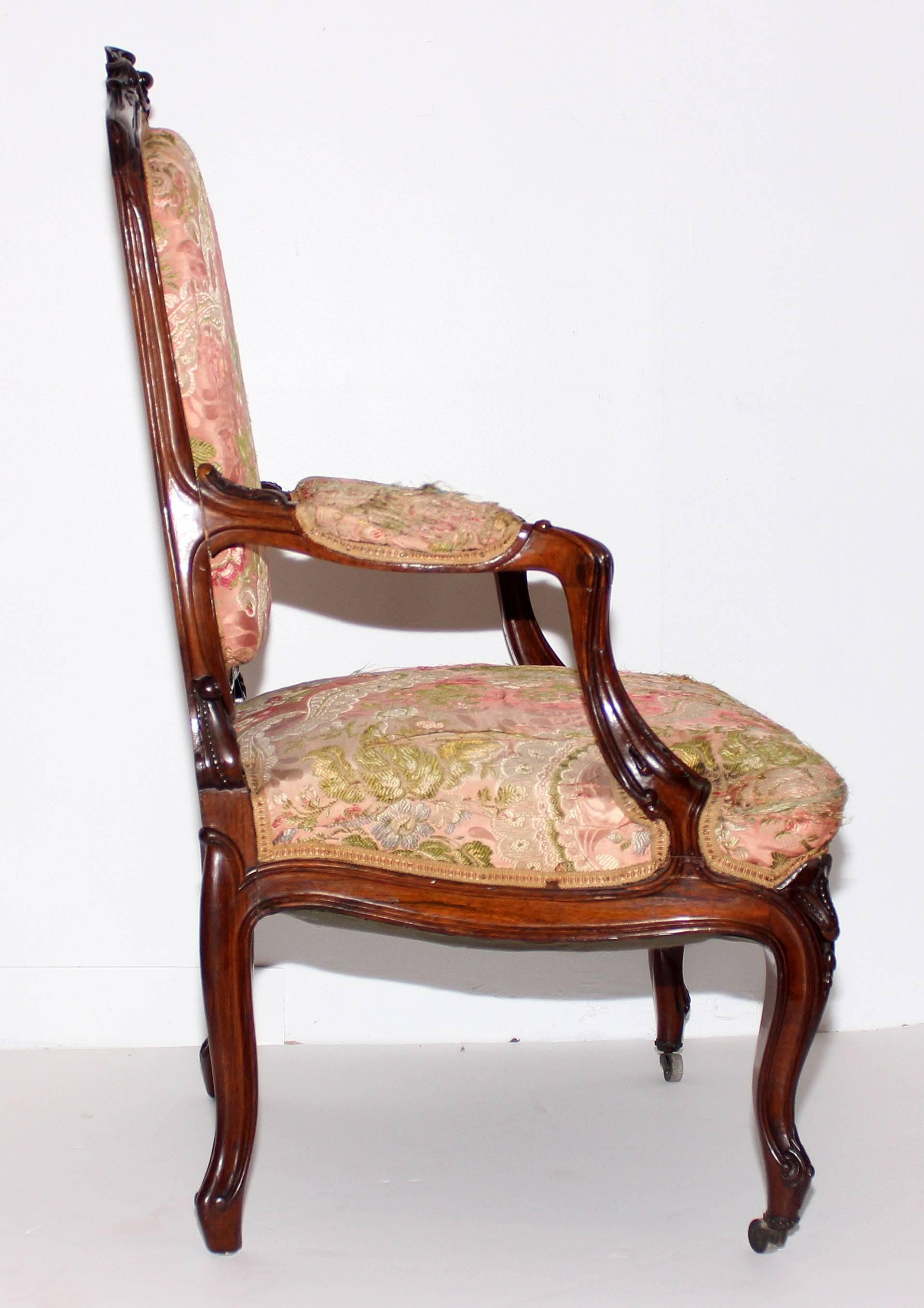 French 19th century rosewood Louis XV style fauteuil. Finely carved with very good finish. Needs upholstery and joints need to be tightened.