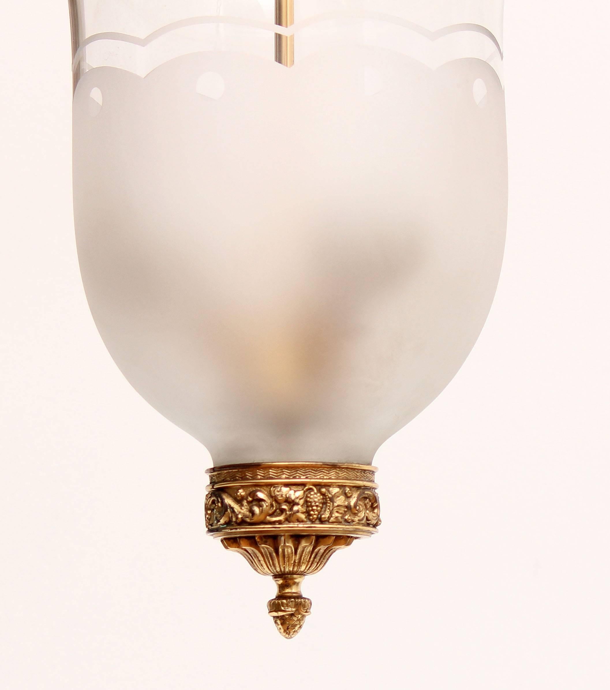 Antique polished brass and acid etched bell jar hanging lantern. Attributed to E.F. Caldwell. 36