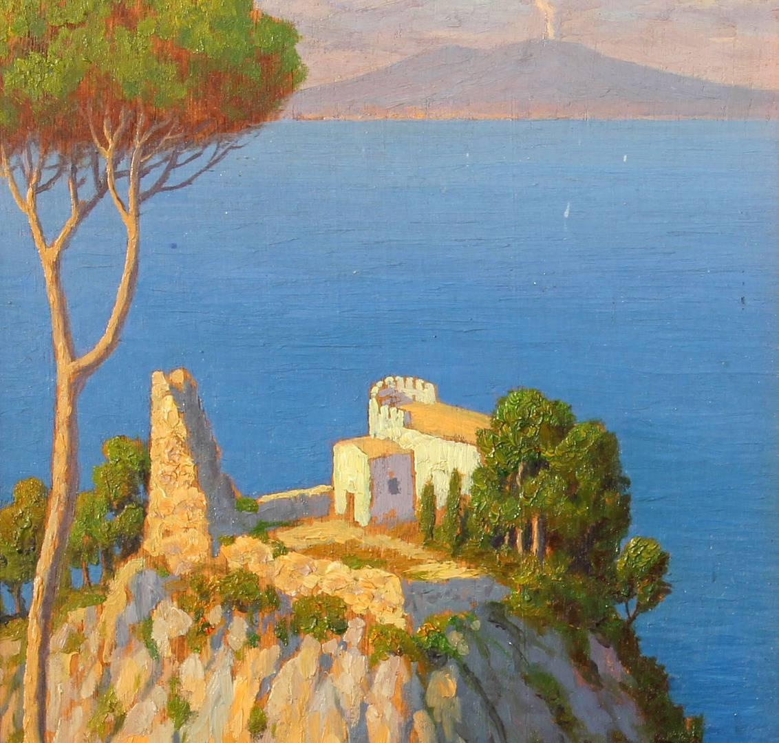 Oil painting sunlit Mediterranean view of the Bay of Naples and Mt Vesuvius. Oil on board by Willem Welters (Dutch 1881-1972).