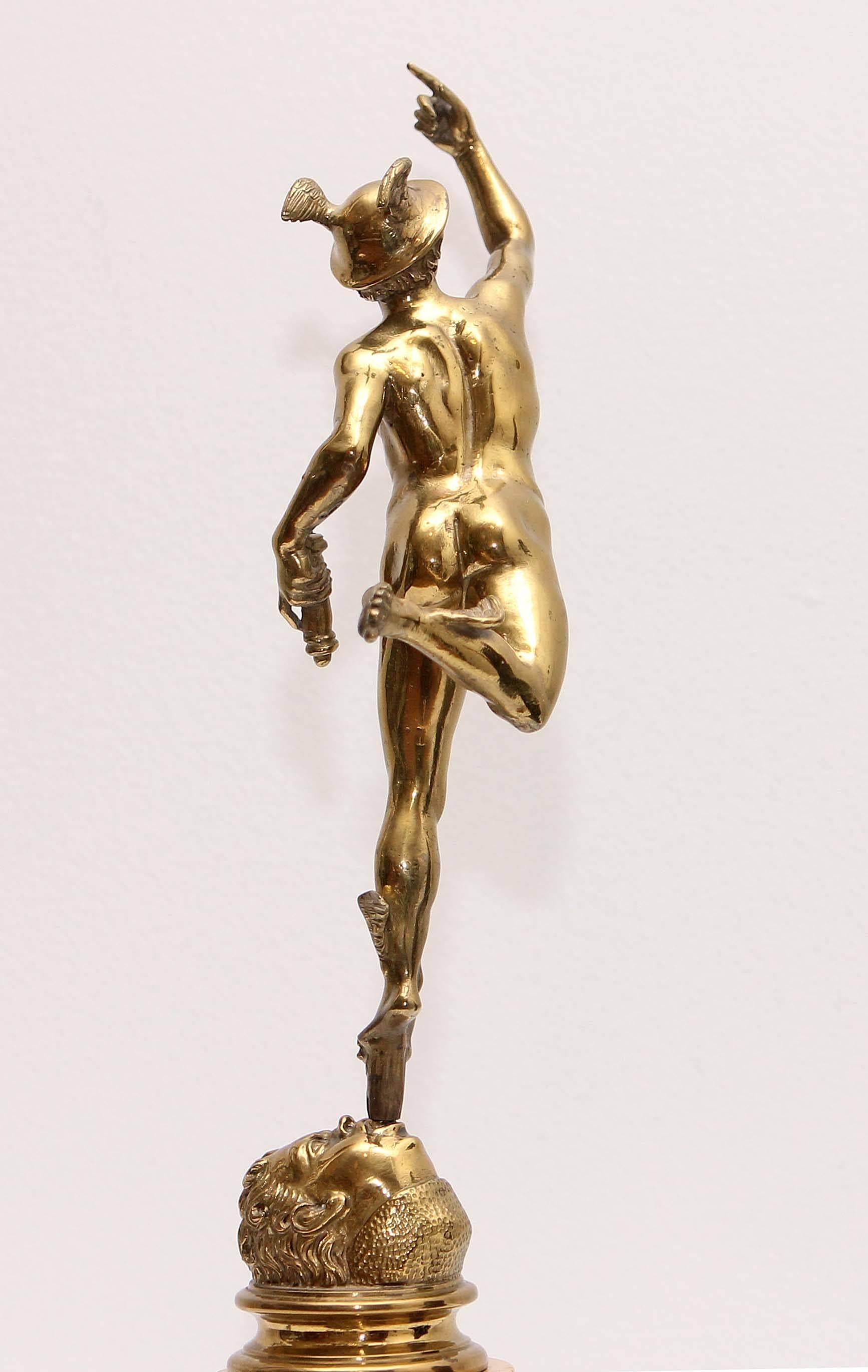Grand Tour Figure of Winged Mercury Polished Brass on Marble Plinth