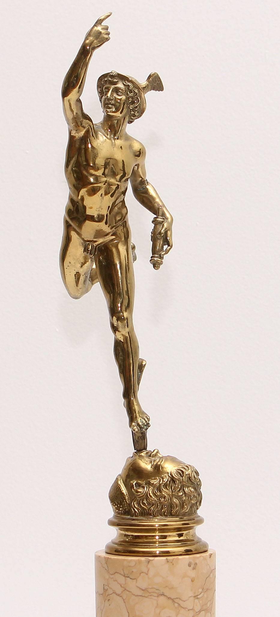 Italian Figure of Winged Mercury Polished Brass on Marble Plinth