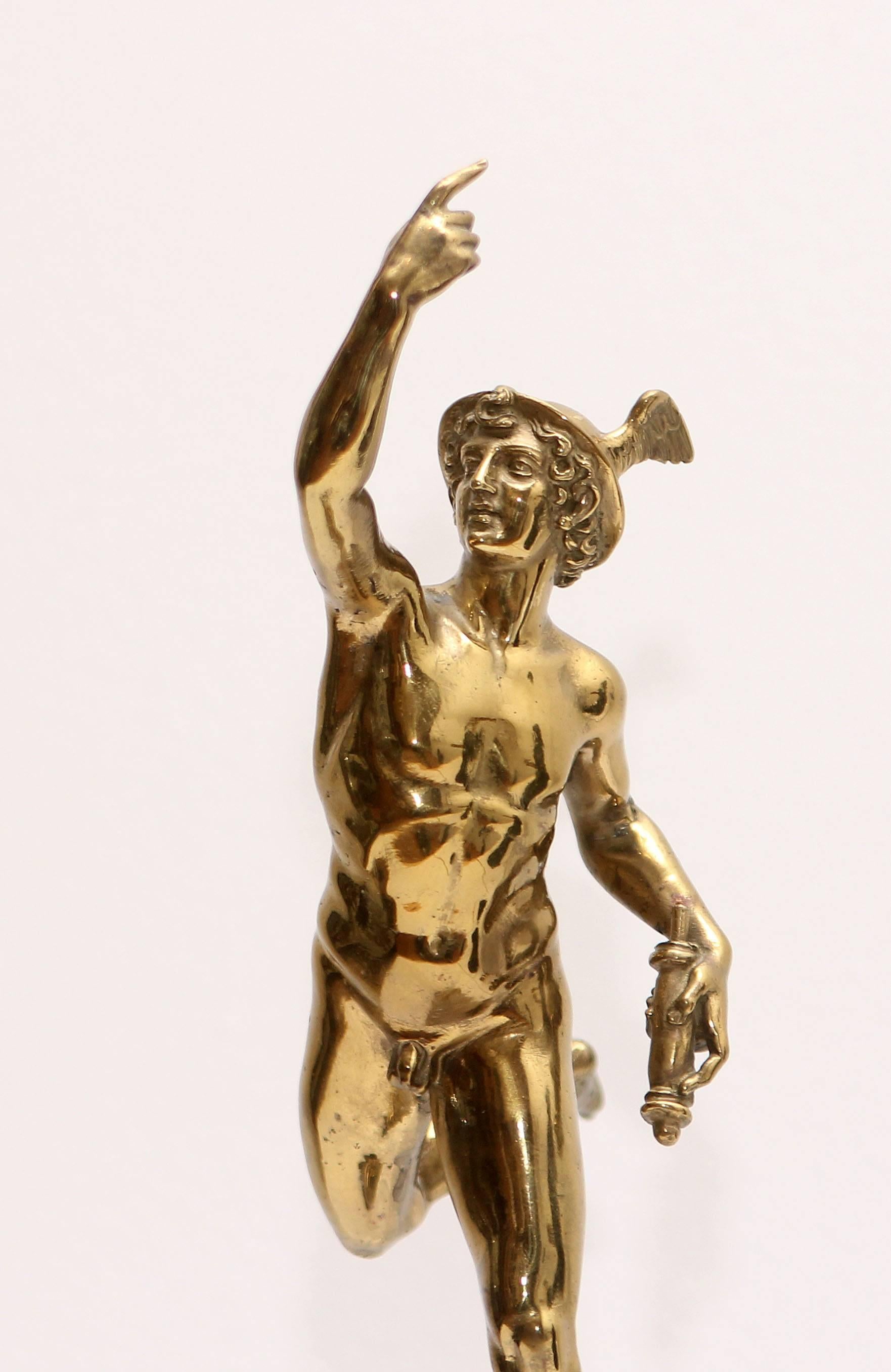 Figure of Winged Mercury Polished Brass on Marble Plinth In Good Condition In Rochester, NY