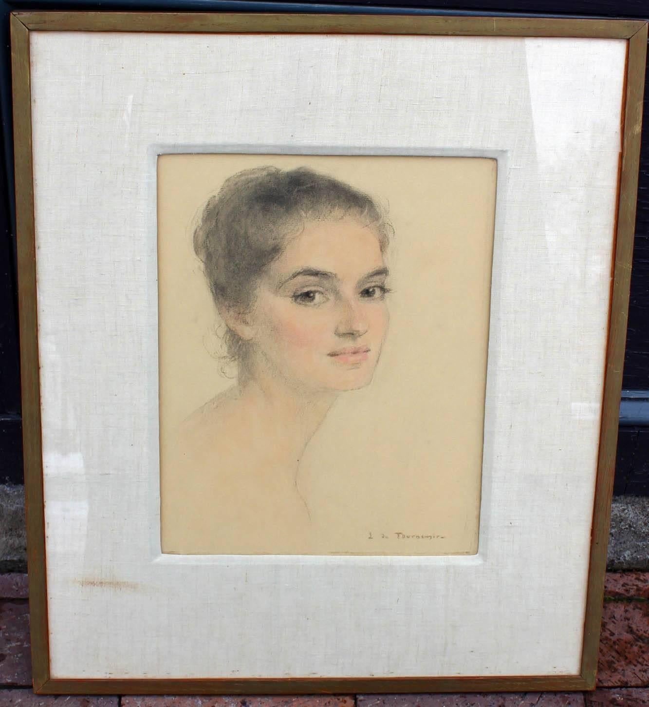 French impressionist portrait painting of a pretty woman. Pastel painting. Mid 20th century. Signed illegibly. 