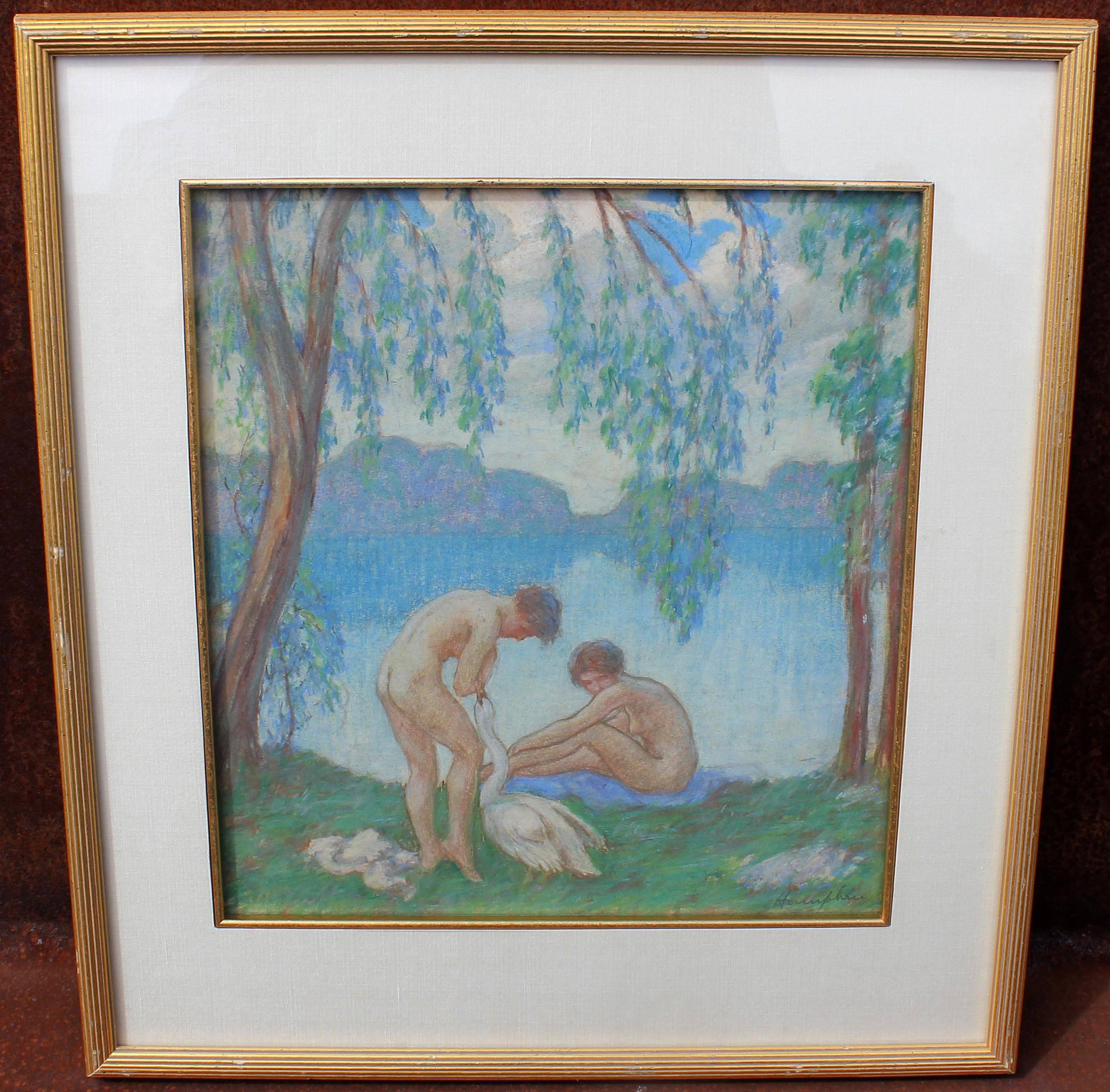 Nude bathers, fine early 20th century impressionist painting by David Humphrey (American 1872-1950.) Pastel on paper.
Humphrey was born in Elkhorn, Wisconsin in 1872. He studied at the Art Institute of Chicago and in Paris at the Julien Academy and