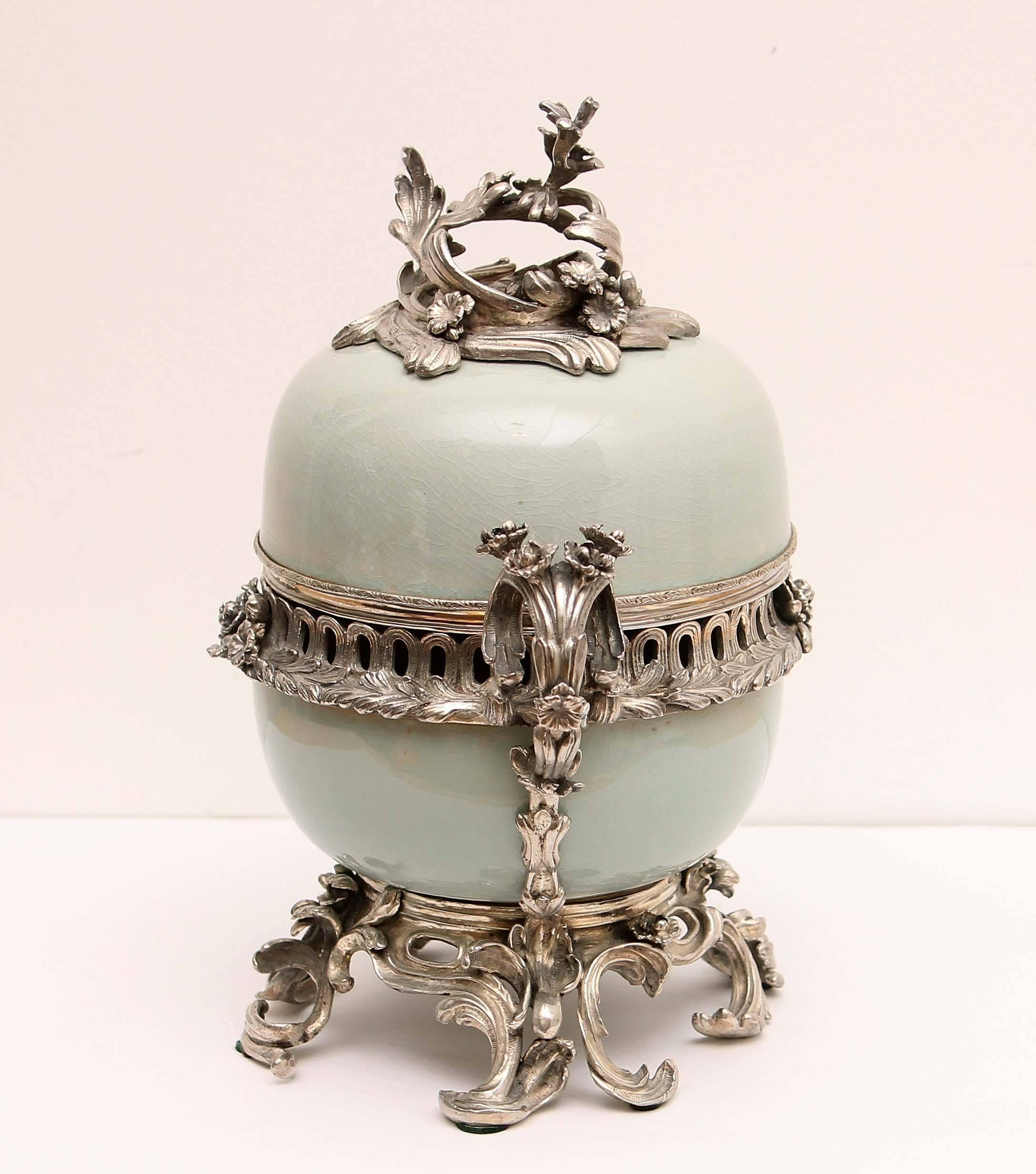 Pair of Baroque style green celadon potpourri with silvered bronze mounts by Maitland Smith.