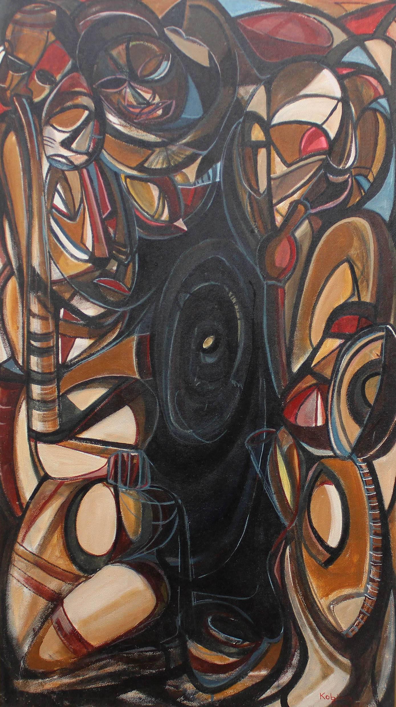 Abstract African figures, by Kobina Bucknor, Ghana Africa. Oil on masonite. Gilt frame. Dated 1967

Kobina Bucknor was born in 1925 and, apart from being an artist with no formal training, he worked as a PhD trained research scientist in biology.
