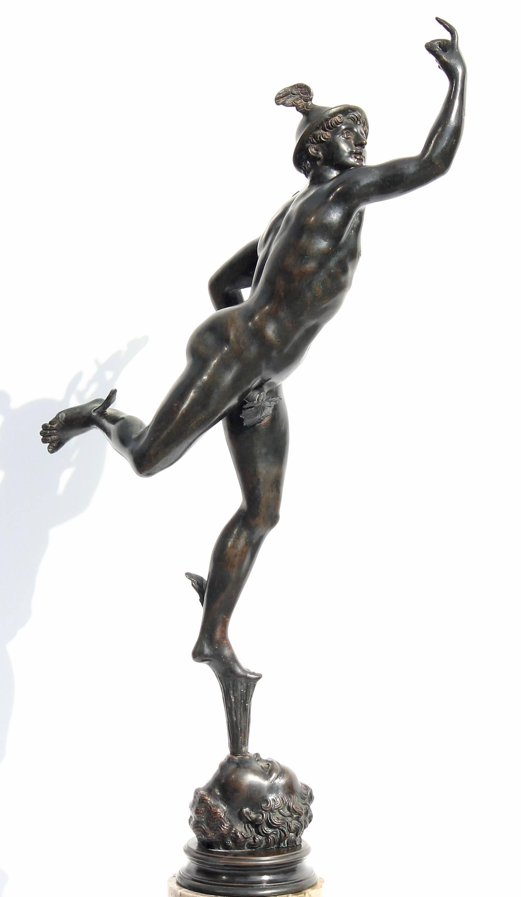 19th century grand tour sculpture of winged Mercury after Giambologna. Bronze on marble base.