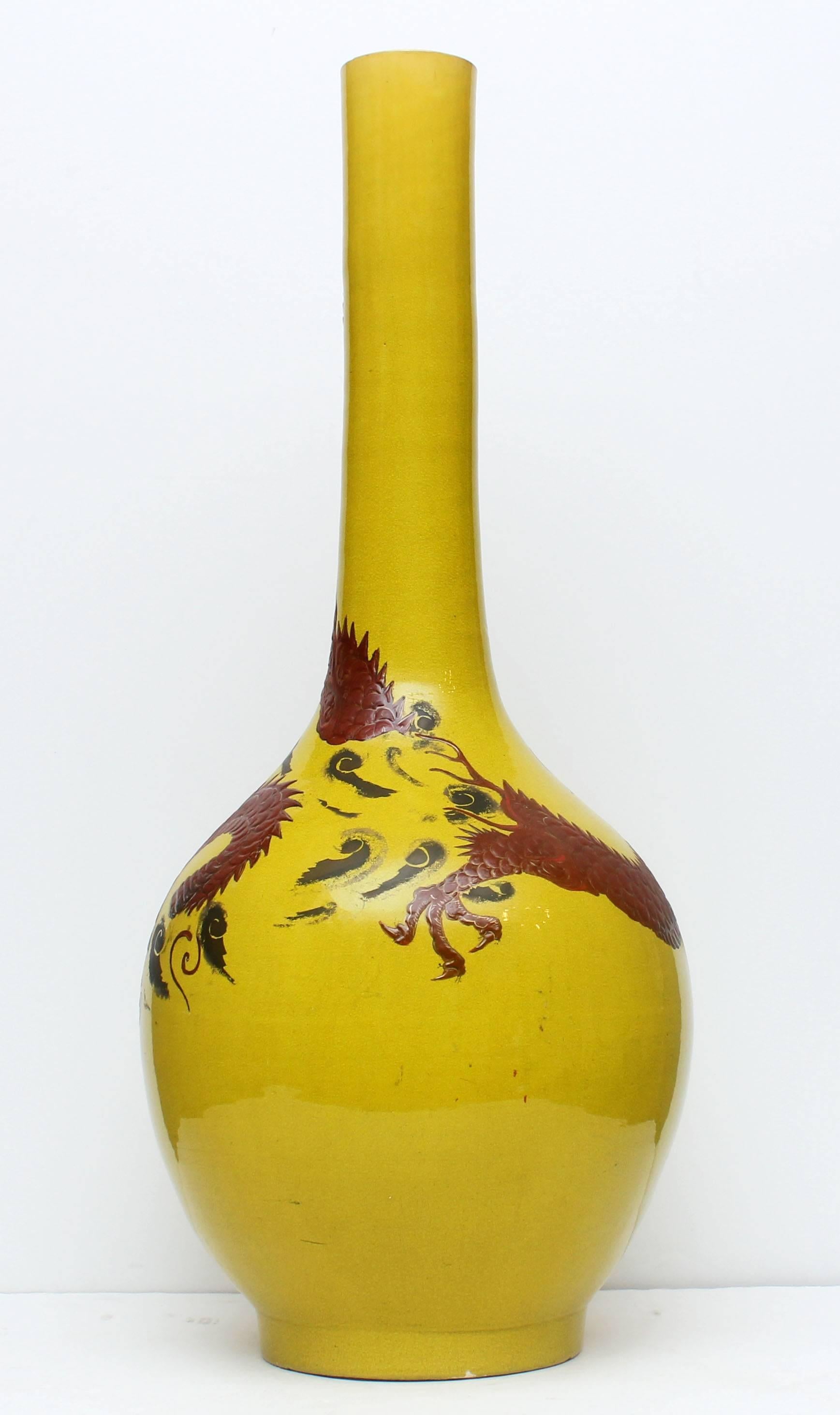 Glazed Large Imperial Yellow Chinese Dragon Floor Vase