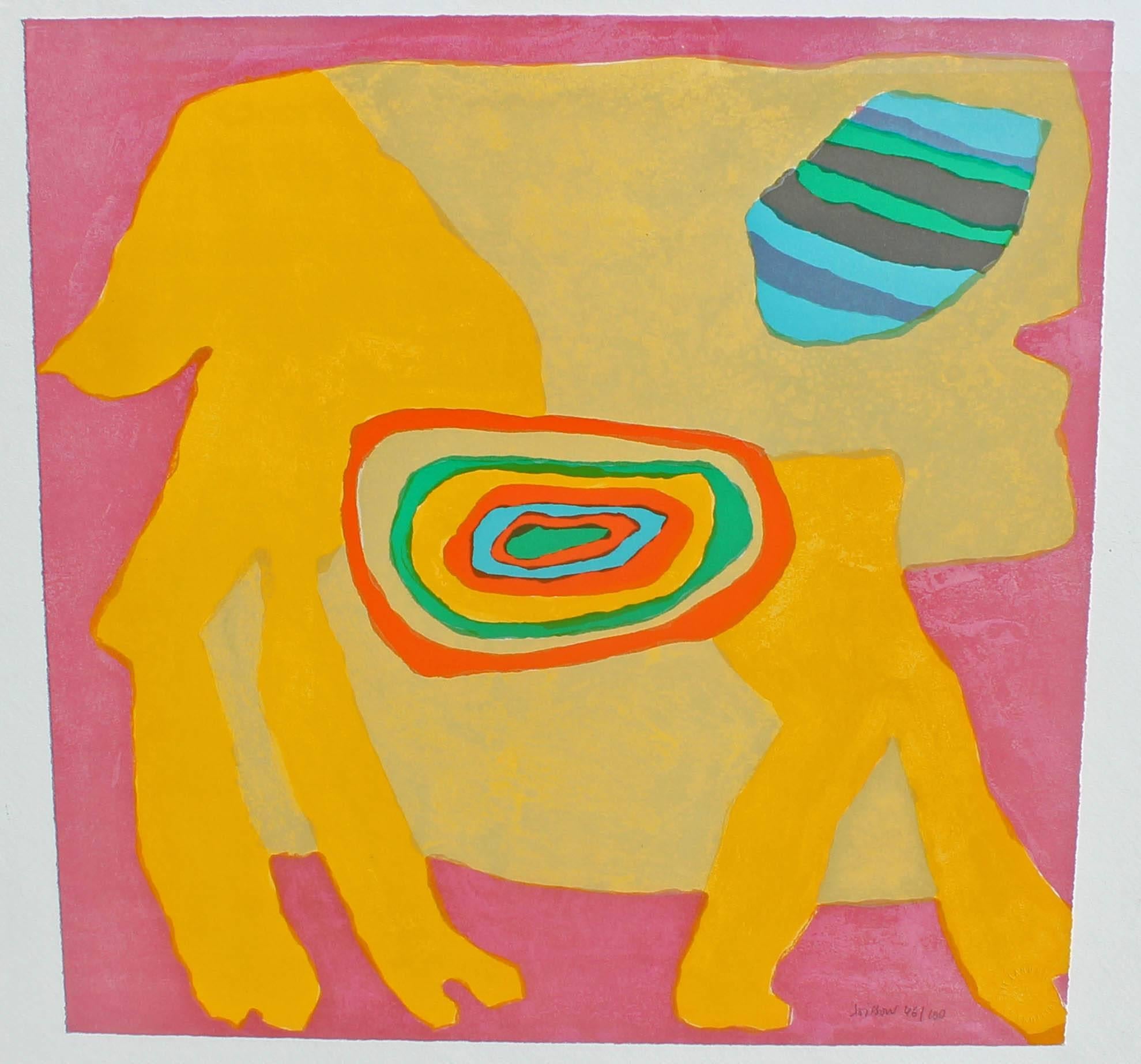 Colorful abstract animal, silkscreen print. Signed illegibly lower right, circa 1960s. In original vintage frame.