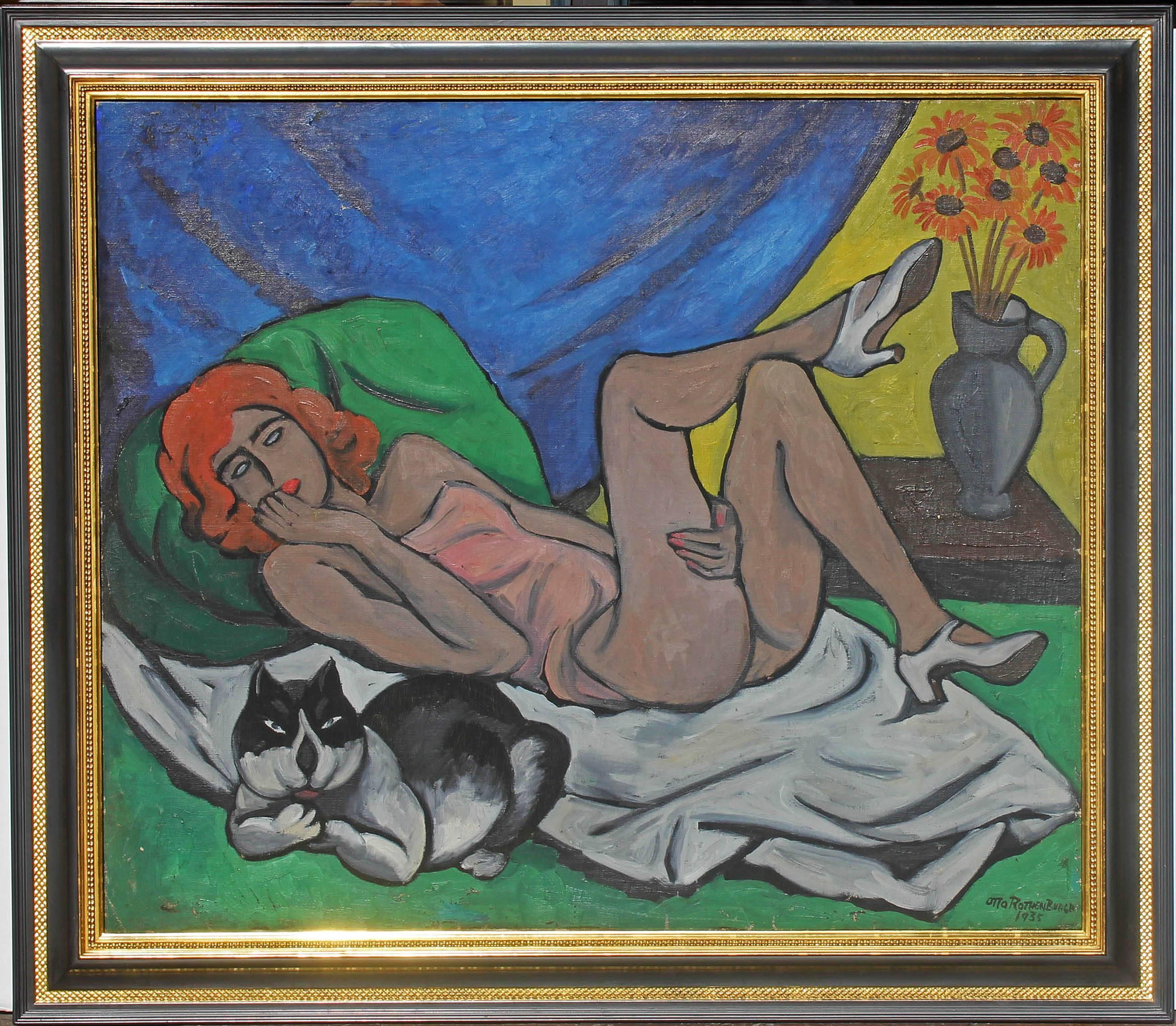 Modernist boudoir oil painting. Portrait of a scantily clad woman with the Cheshire cat. By Otto Rothenburgh. Dated 1935. Oil on canvas. Gilt and ebonized modern frame.
Otto H. Rothenburgh (1893-1992). Rothenburgh was born in Philadelphia, and was