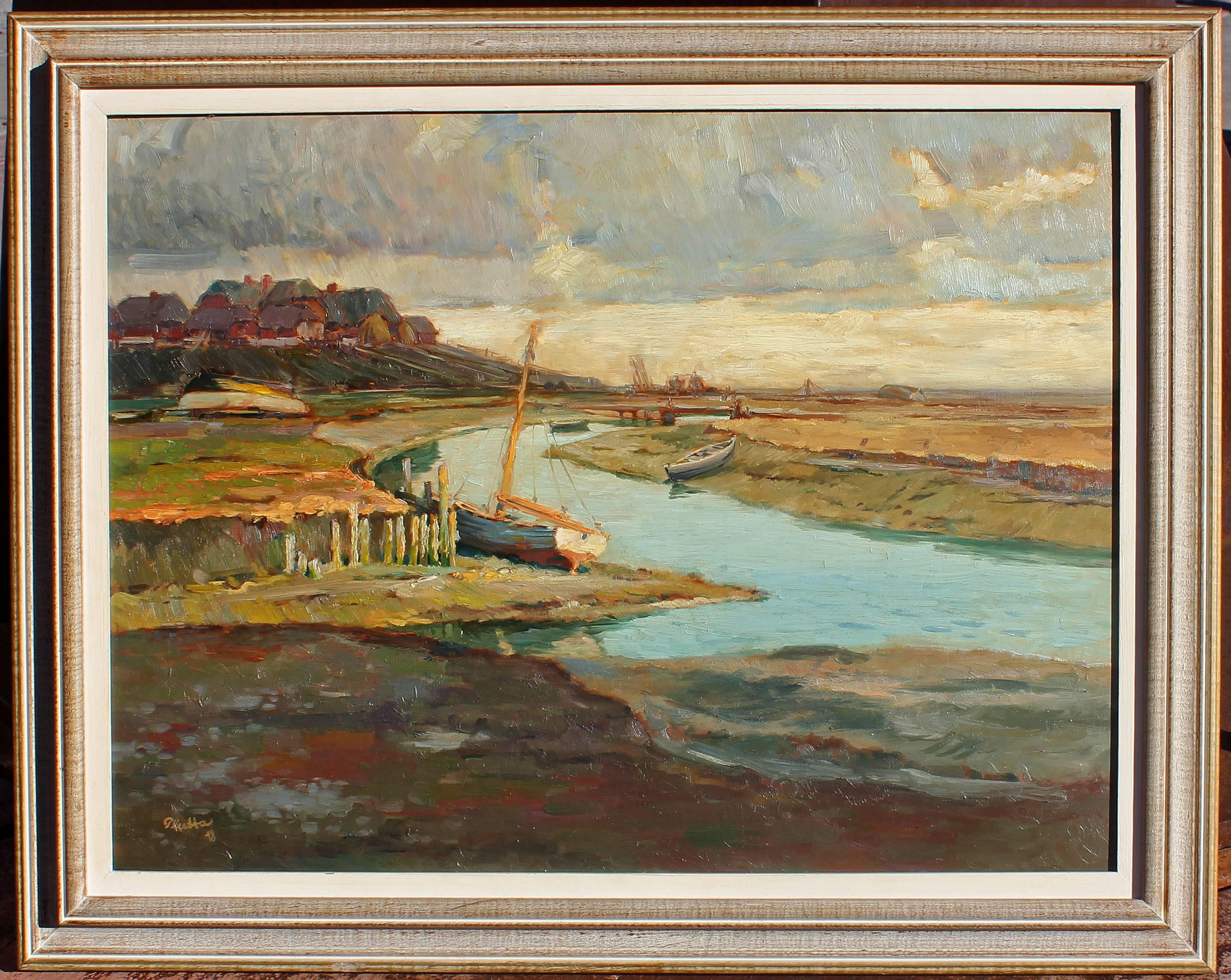 Summer landscape oil painting by Hans Plutta (German 1902-1980). Oil on masonite. Dated 1948. 