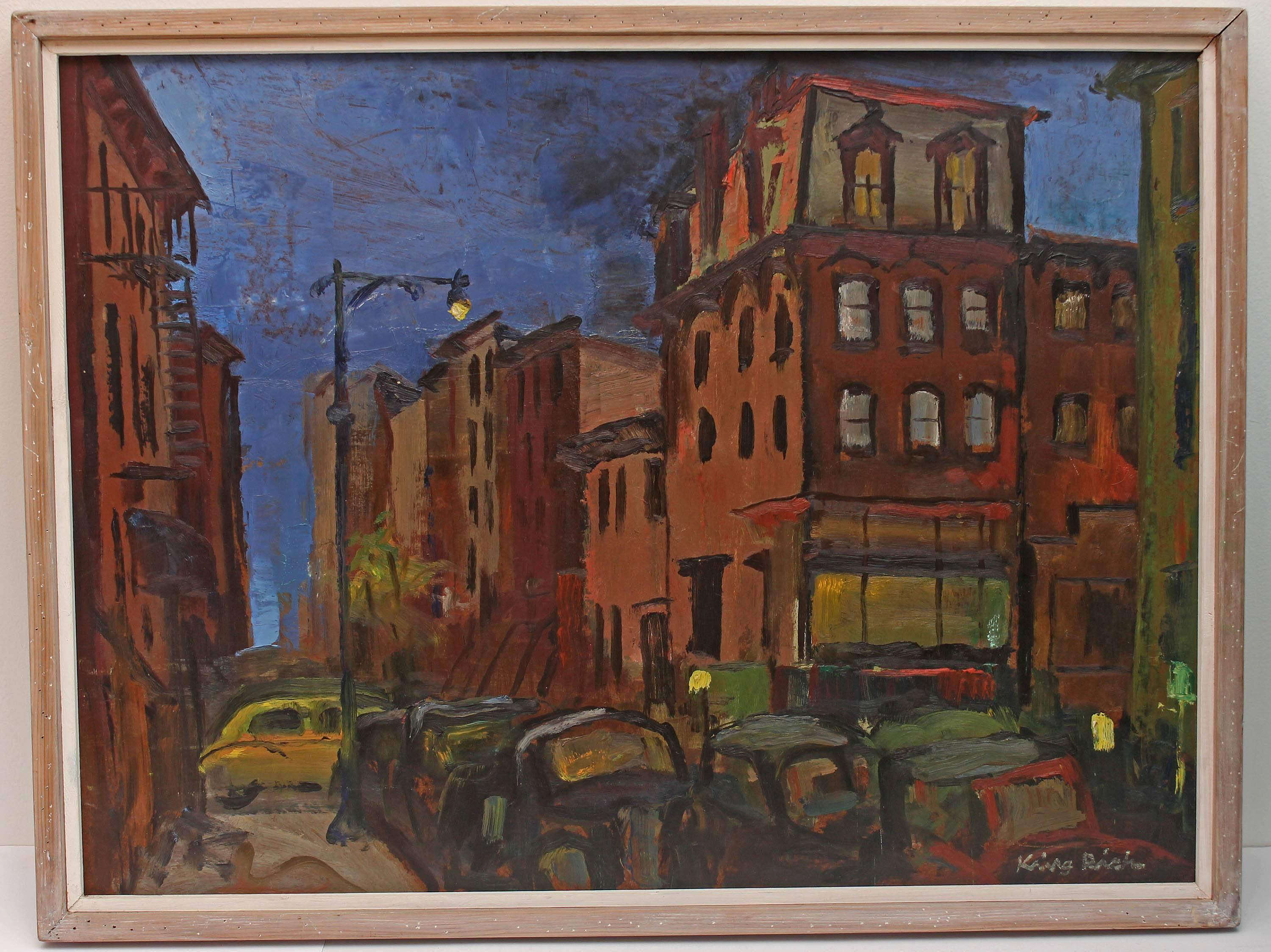 Mid-Century Modern oil painting, 1940s cityscape, 