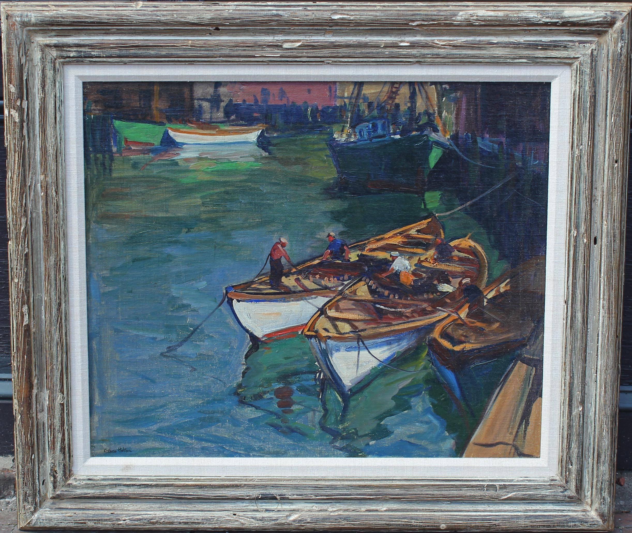 Impressionist oil painting by Grace Holton (American 1883-1964). Fisherman bringing in their catch into harbour. Oil on canvas early 20th century. Original vintage frame.
Holton studied at New York University, Pratt Institute in New York and