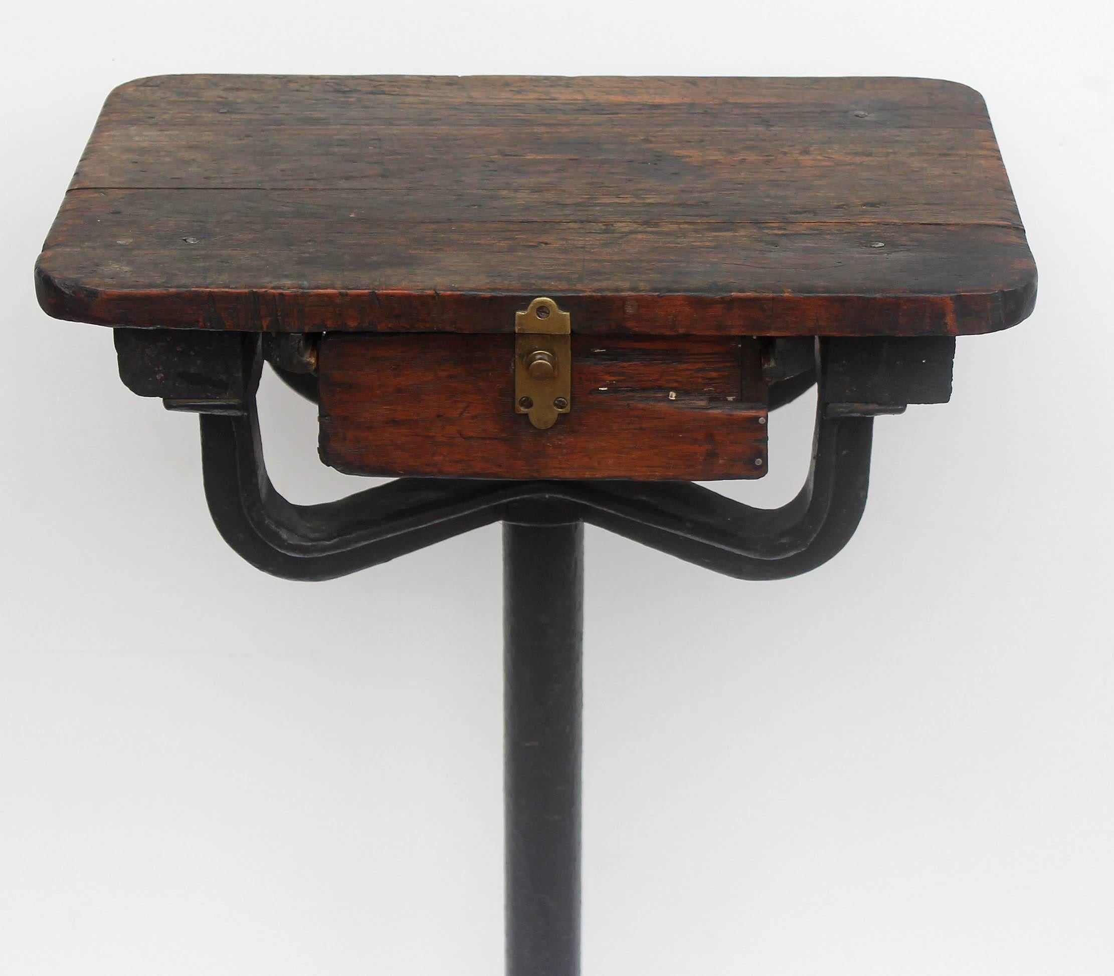 Antique tall Industrial one-drawer stand, podium, or pedestal. Cast iron base. Nice old patina, circa 1900.