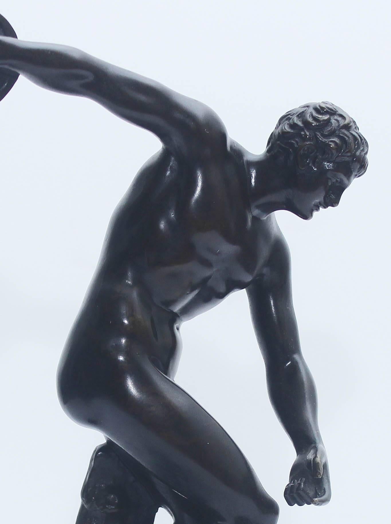 Antique bronze sculpture, "The Discus Thrower". Grand Tour after the antique Discobolus.
The Discobolus of Myron ("discus thrower", Greek: ??s??ß?´???, Diskobo´los) is a Greek sculpture that was completed toward the end of the