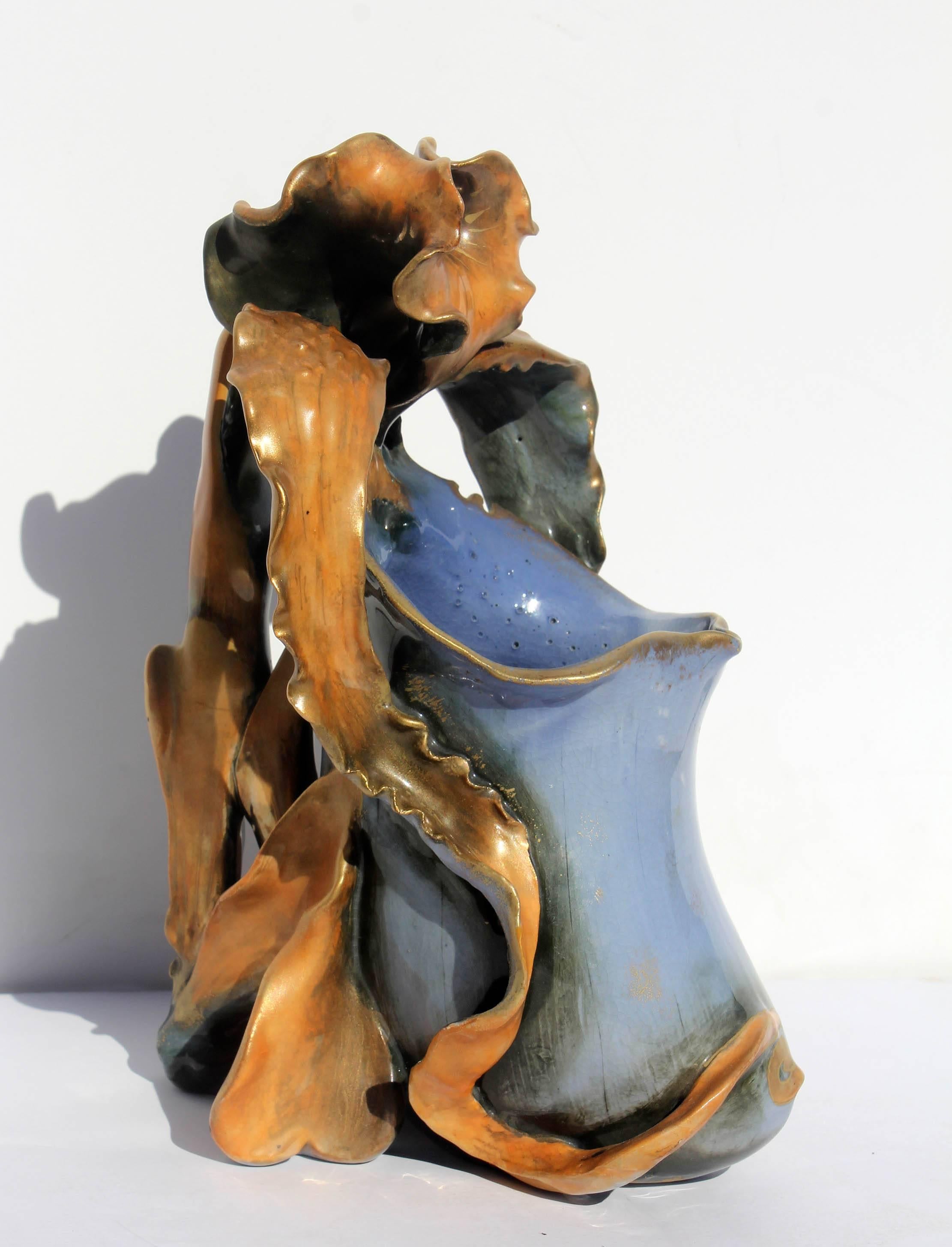 Antique Art Nouveau bearded iris vase. Hand-painted ceramic vase. Amphora made in Austria, late 19th century.