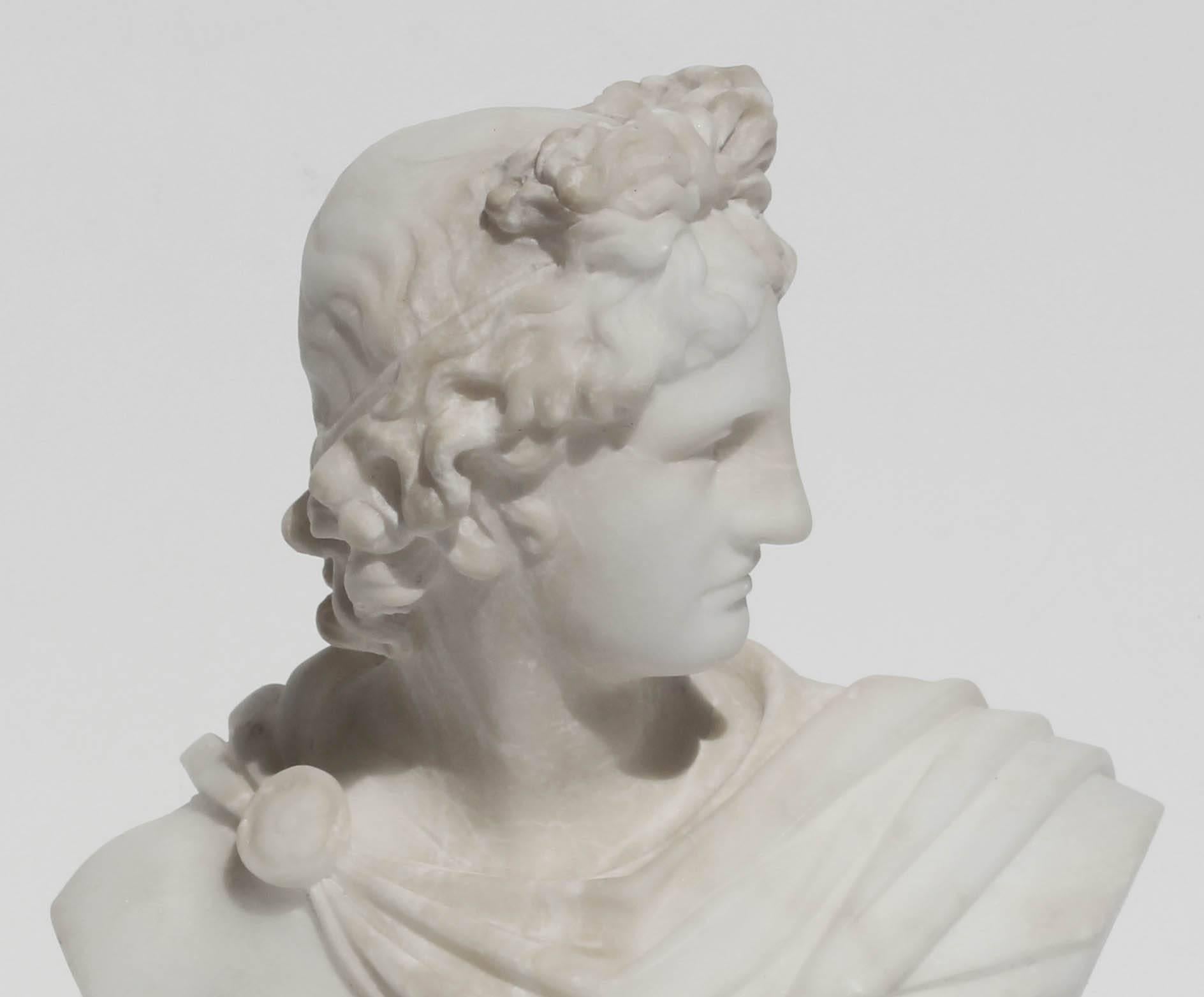 Antique alabaster bust of Apollo. Grand Tour sculpture, late 19th century.