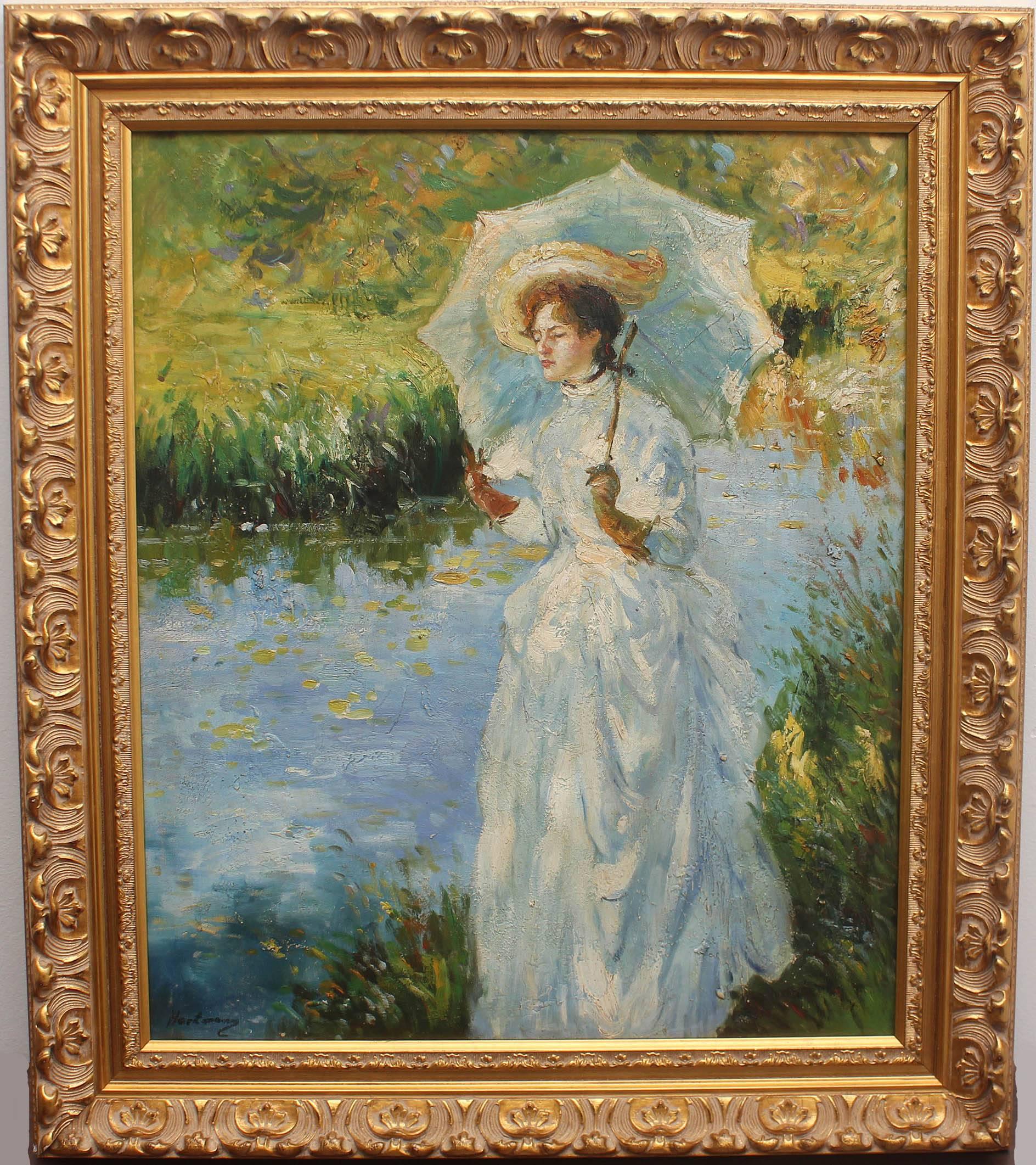 Bright impressionist oil painting, "Lady with a Parasol". Oil on canvas. Signed Hartmann. We have not been able to find any biographical information on the artist. Well painted with heavy impasto.