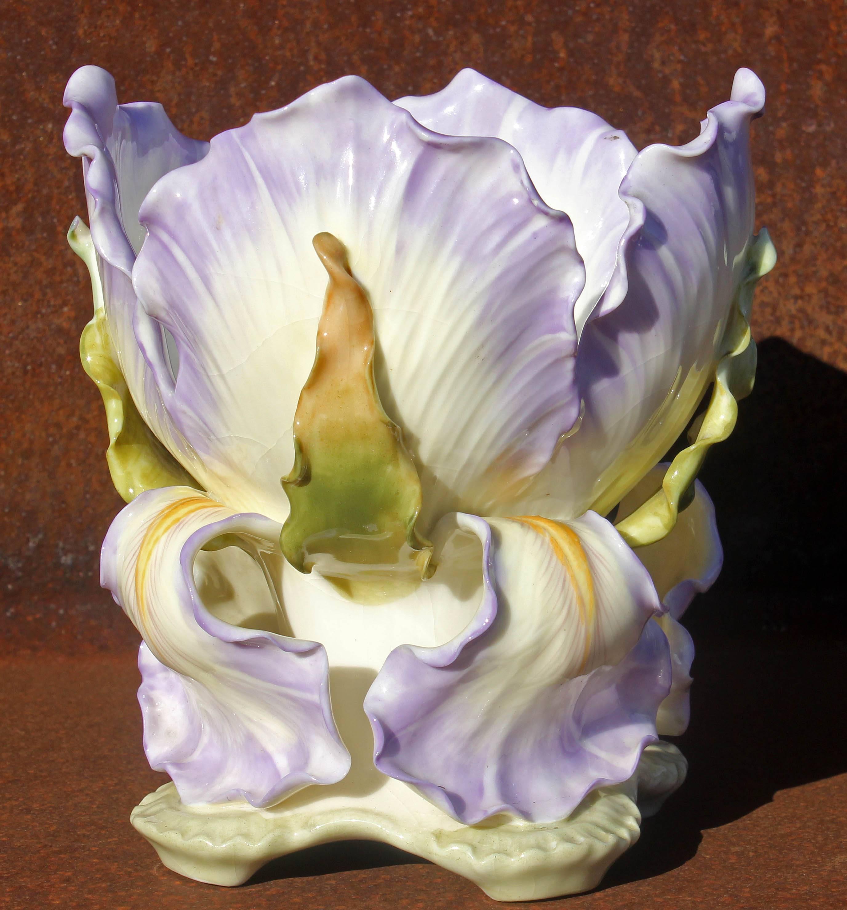 Austrian Art Nouveau porcelain vase of a bearded iris. Finely made porcelain. Marked Carlsbad Austria.