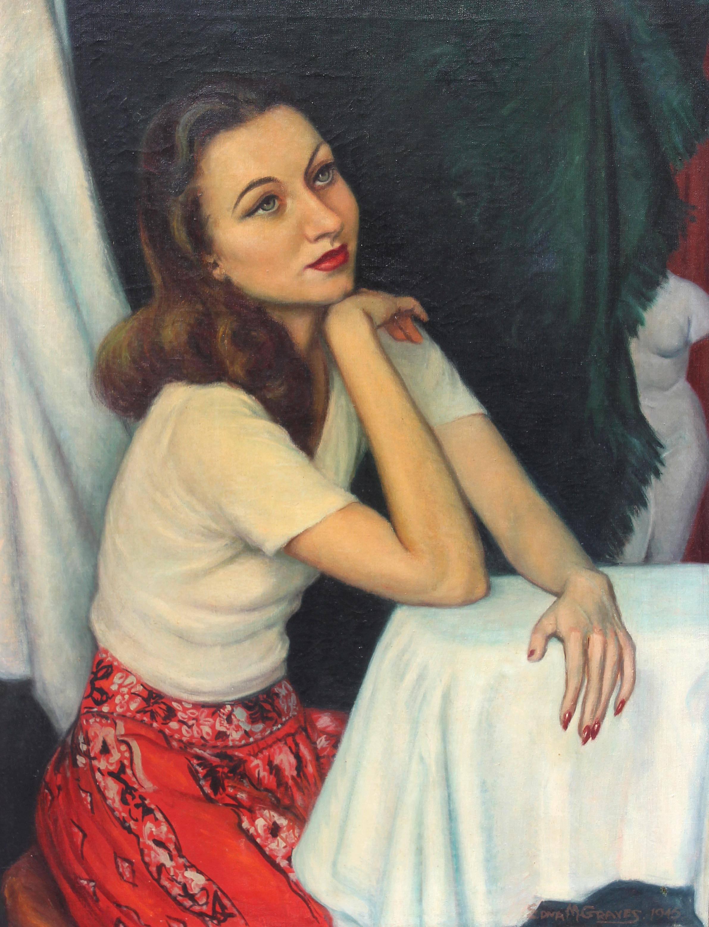 Hollywood Regency portrait oil painting. Young woman in vintage dress and hair style. Dated 1945. Signed Edna M. Graves. Oil on canvas.