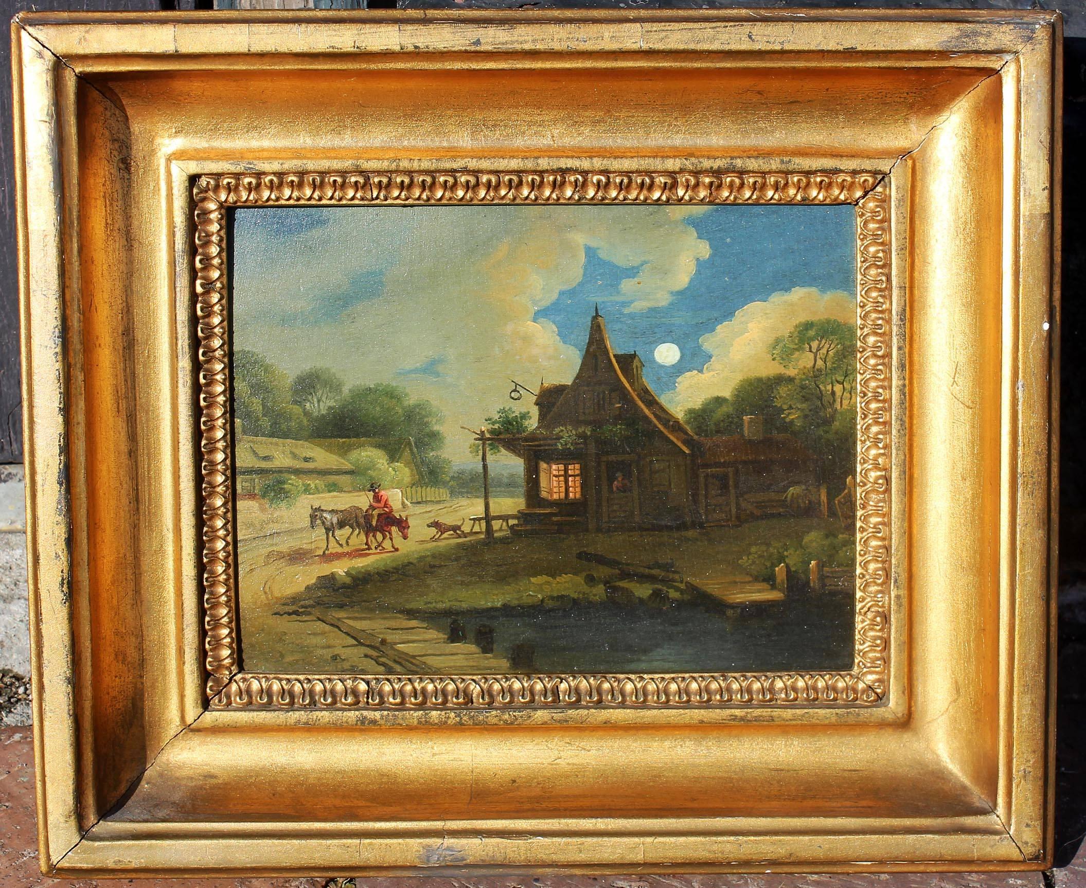 Old master style landscape oil painting. Continental moonlit scene. Oil on wood panel. Late 18th to early 19th century. Original gilt frame.