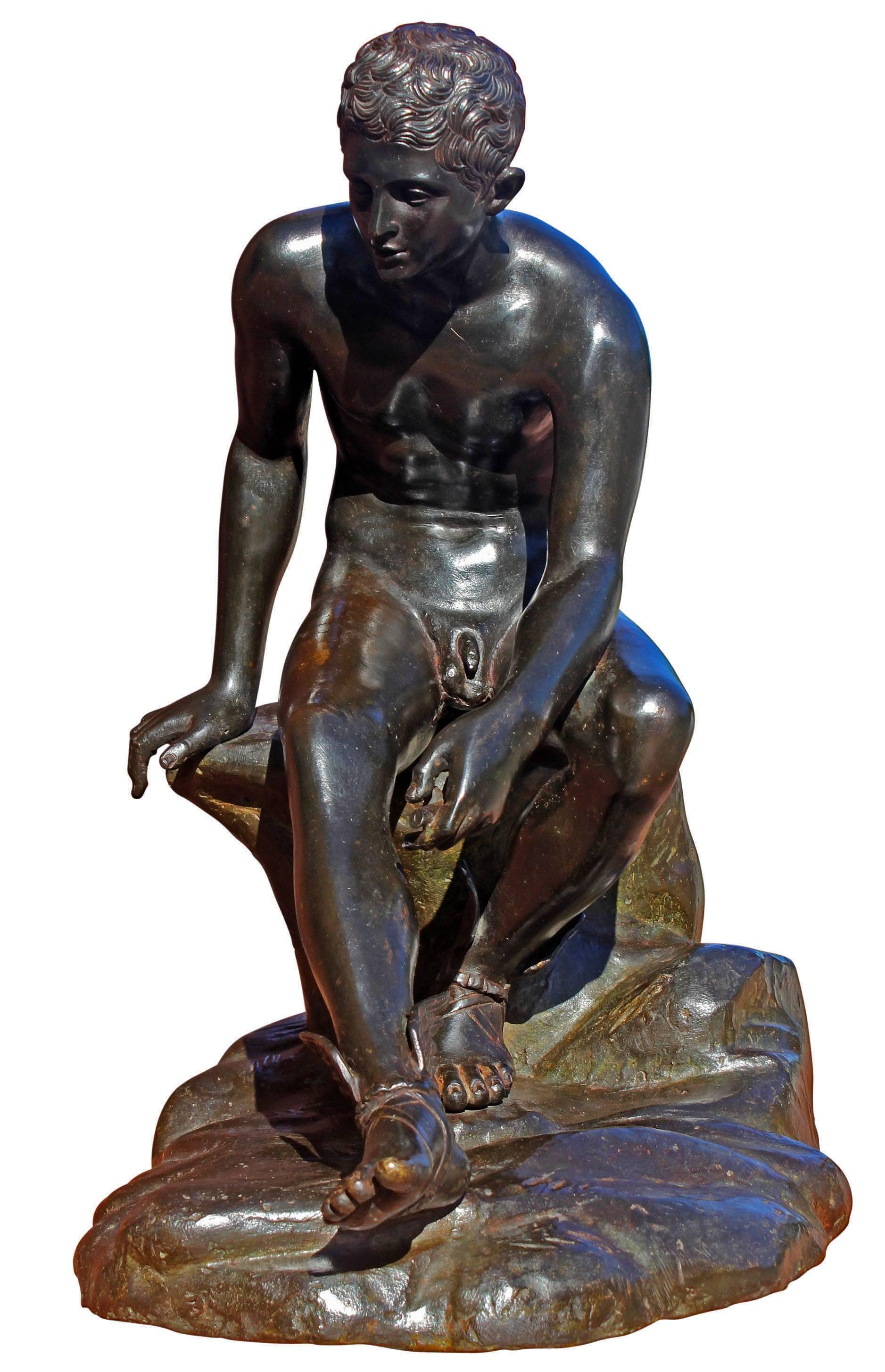 Italian grand tour bronze of Hermes or Mercury seated, late 19th century. Large 18 1/2" high. After the antique from villa of Papyri, Herculaneum.