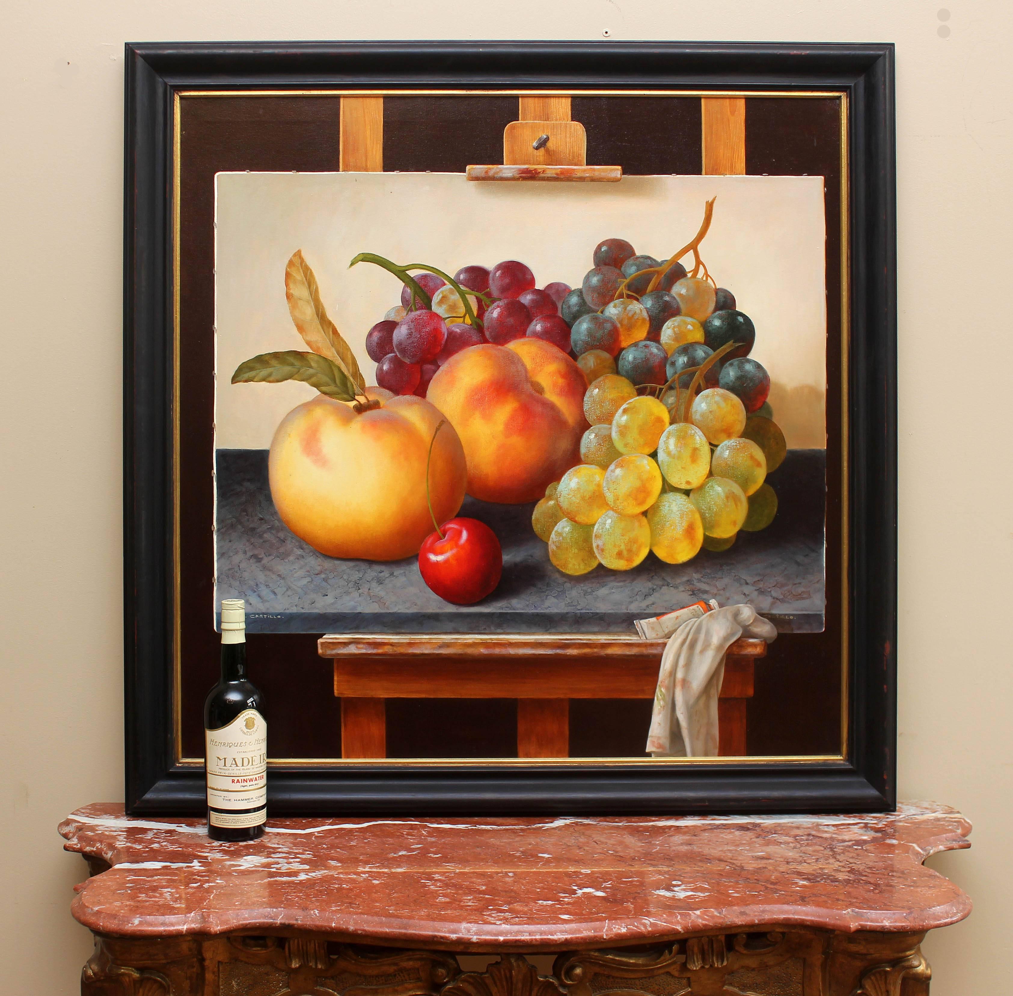 Surreal hyperrealistic trompe l'oeil oil painting by Latin American artist Victor Del Castillo. Peaches, grapes and cherries in rich brilliant colors and incredible detail. Large 41