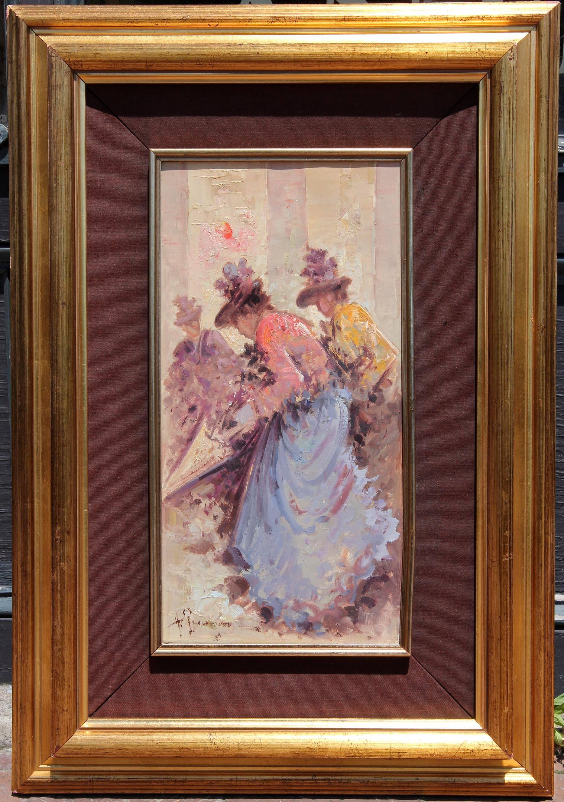 French impressionist paintings of women in floral bonnets. Painted in soft colors. Signed illegibly. Oil on canvas. In giltwood frame.