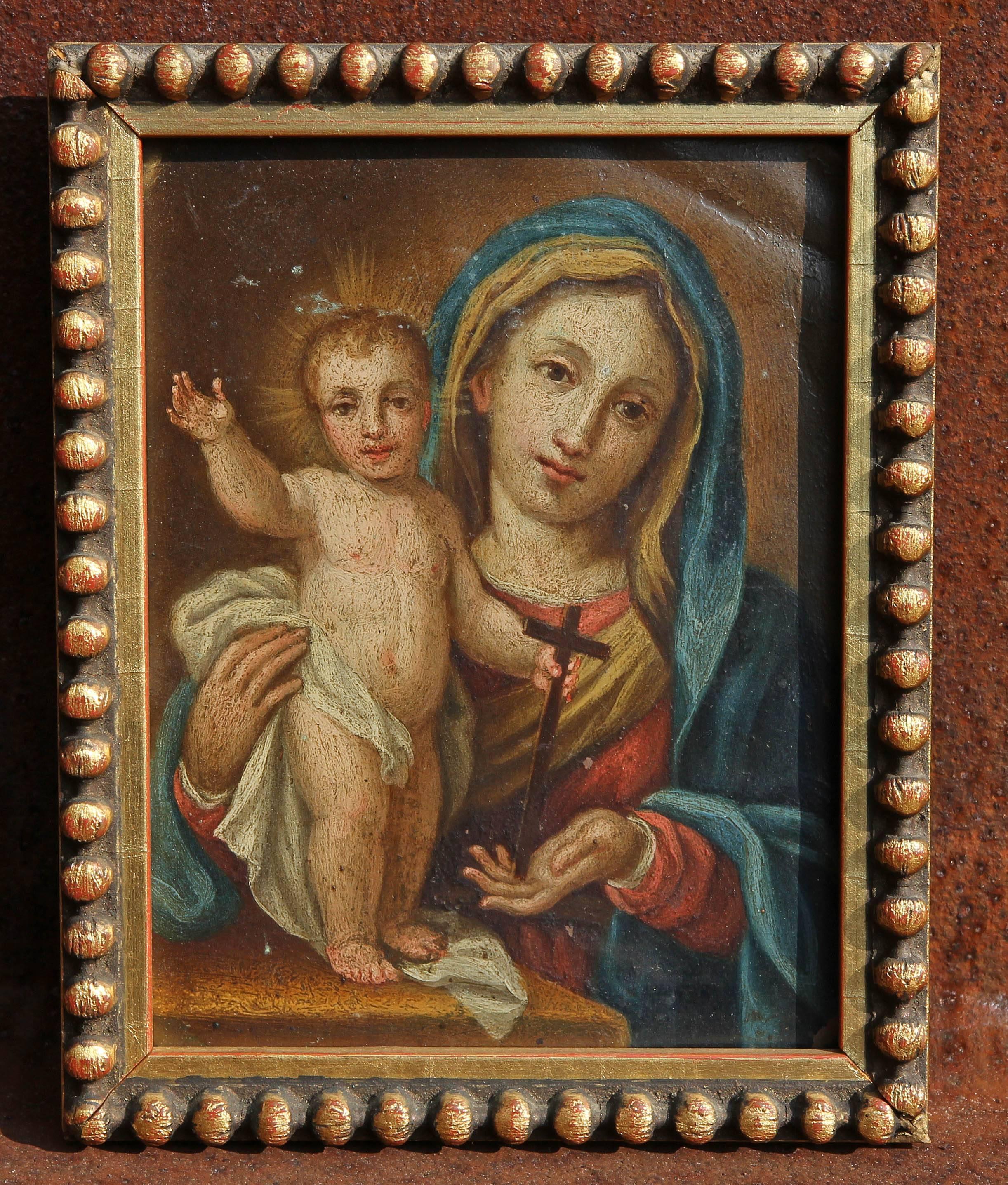Antique miniature continental painting. Oil on copper. Madonna and child.