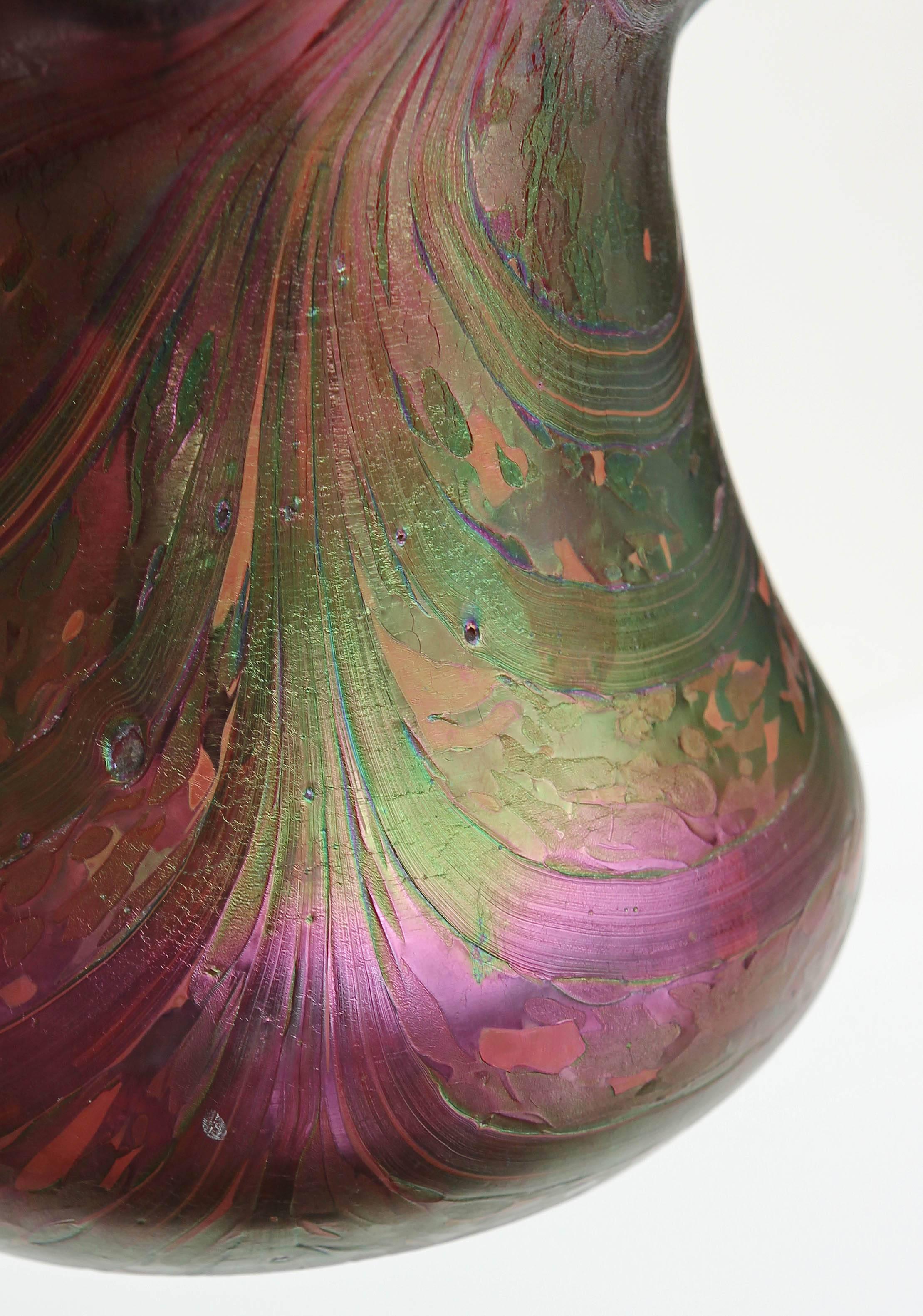 Antique Bohemian art glass vase. Blue, green and violet iridescence, circa 1900.