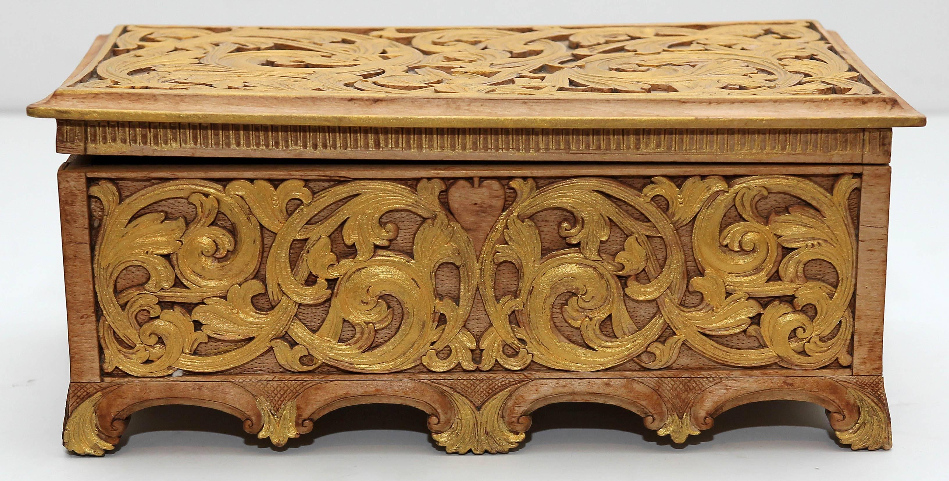 19th century Gothic Revival carved and gilt document box. Decorated with finely carved Gothic tracery.