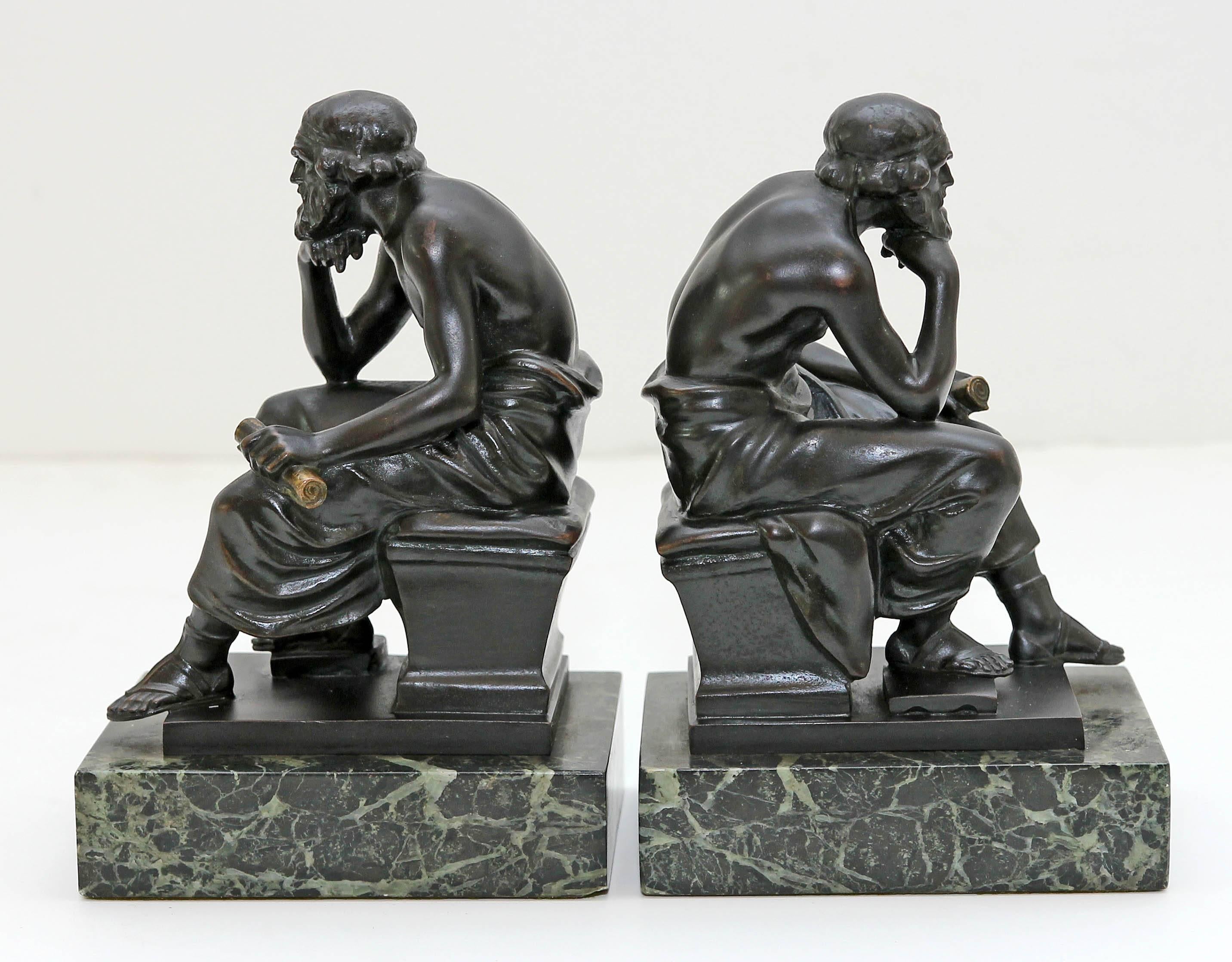 Socrates seated, pair bronze and marble bookends. Artist signed "Th. Ullmann, Austria" circa 1920.