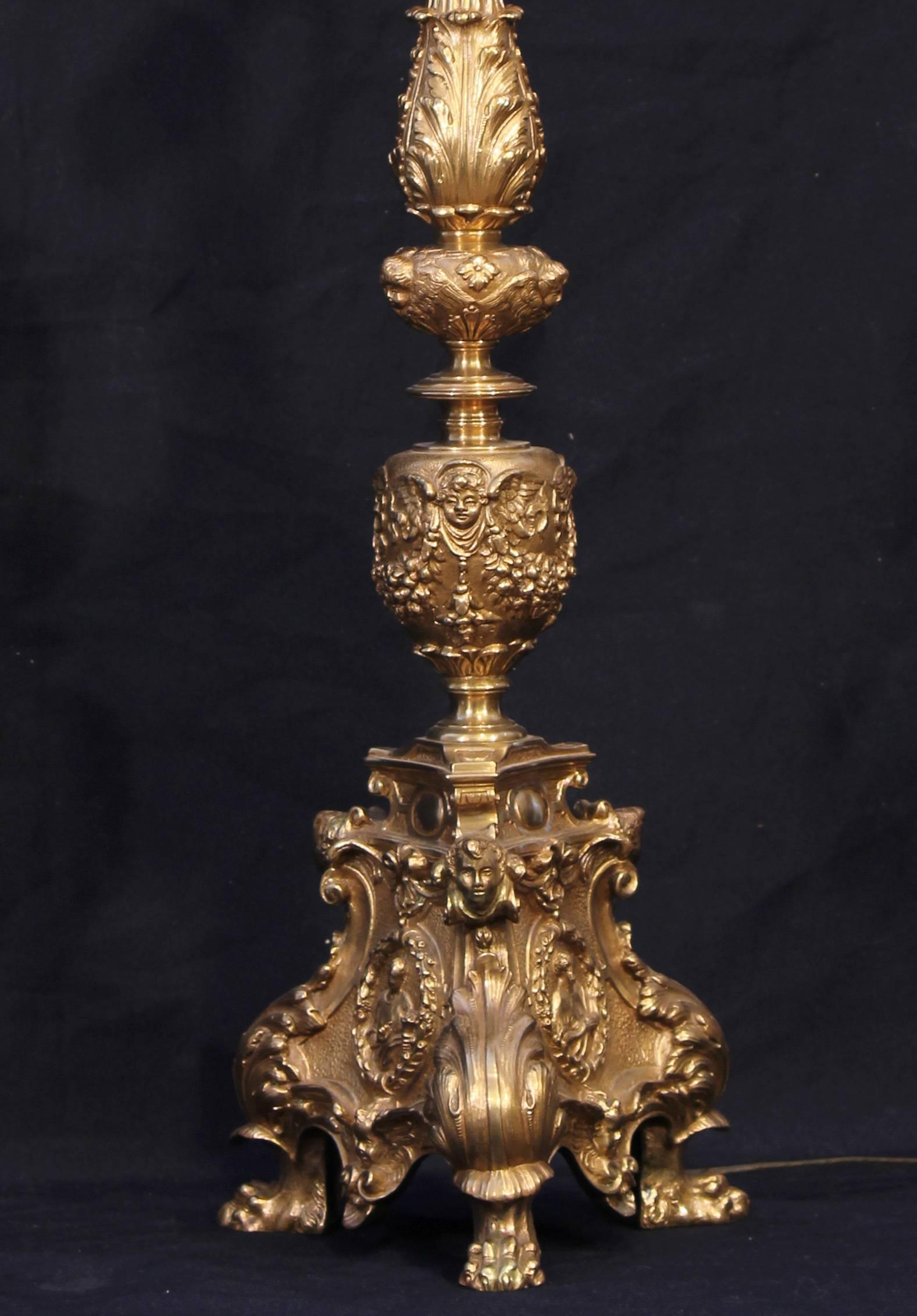 Large antique Polished bronze Baroque style pricket table  lamp. Excellent quality. Very sturdy. By E.F. Caldell.