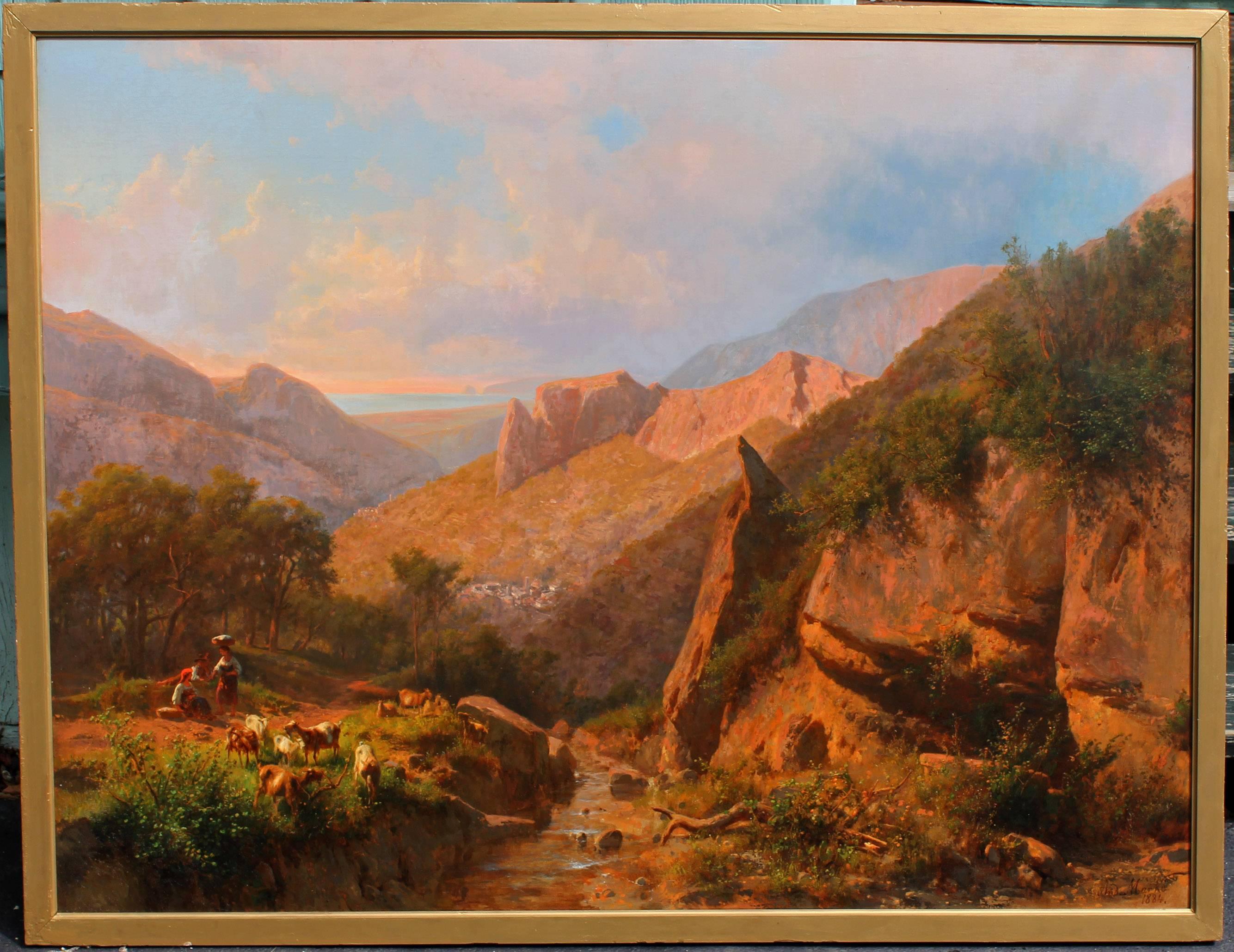 Un paysage italien monumental peint à l'huile.  