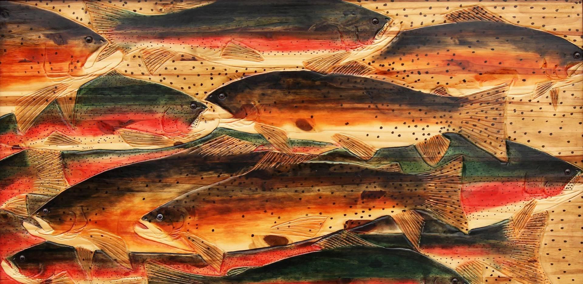 Carved panel Captures the motion and the rhythm of the school of trout.
Panel is hand-carved, painted and finished with 18 coats of varnish. Signed 