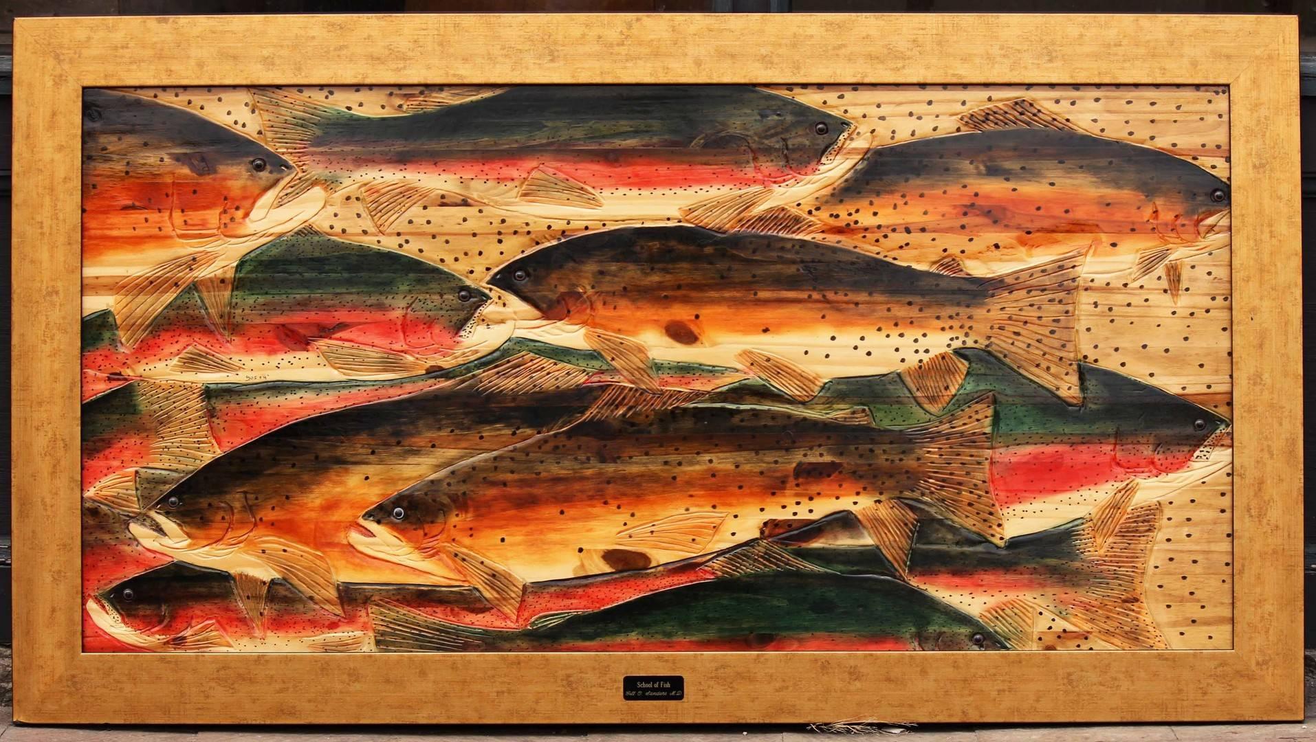 Mid-Century Modern School of Trout, Modern Carved and Painted Wood Sculptur by G.O. Sanders America