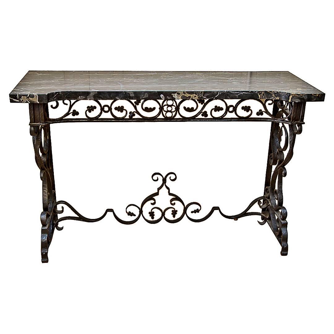 American Hand-Wrought Iron and Marble Console Table, Early 20th Century