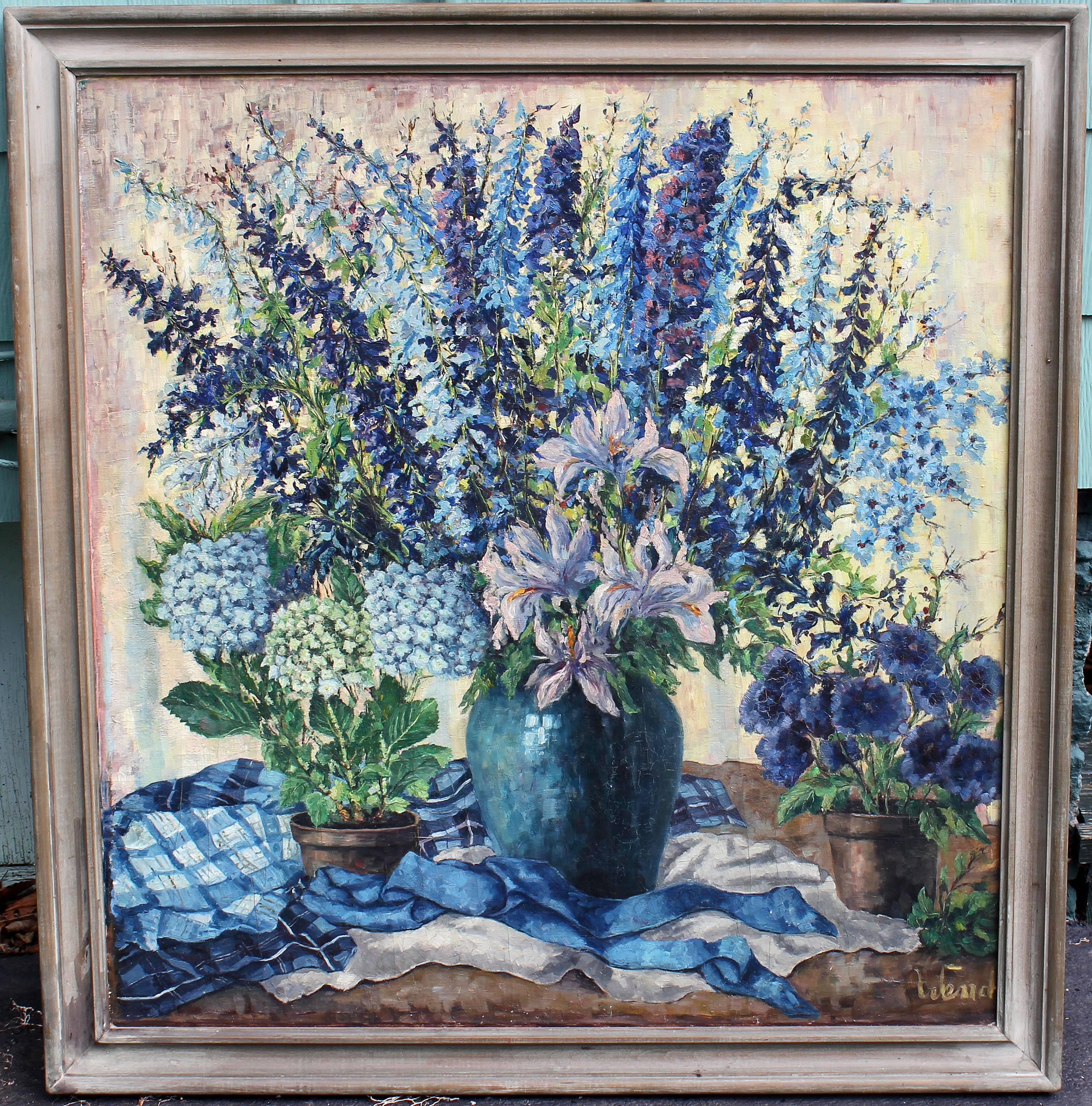 Large impressionist still life oil painting of various blue and lavender flowers, early 20th century. Oil on canvas. Signed Wendt.