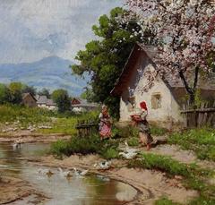 "Tending the Geese":: huile sur toile de Laszlo Neogrady