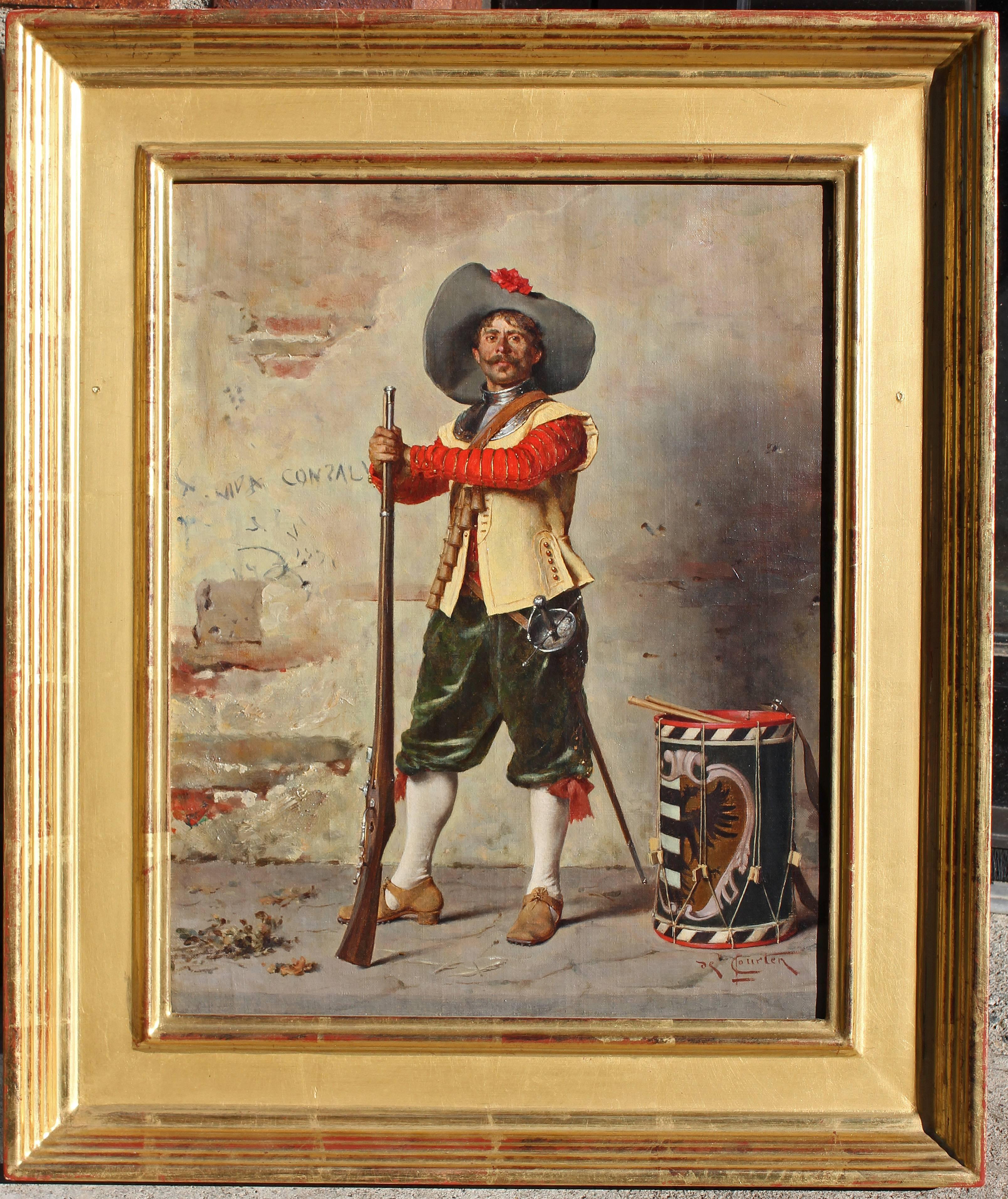 Antique 19th century oil painting, portrait of a  Cavalier by Ludovico de Courten (Italian 19th century). Oil on canvas. Late 19th century. In handmade gold leaf period style frame.
