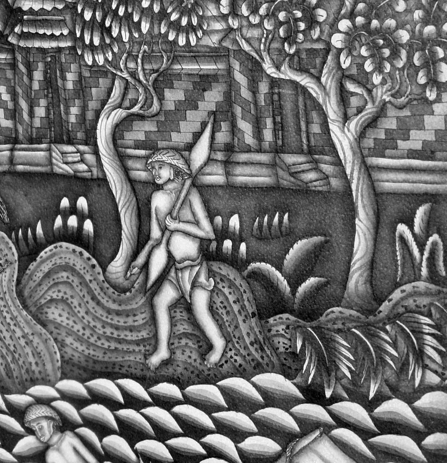 Allegorical Balinese scene. Black and white watercolor on paper.