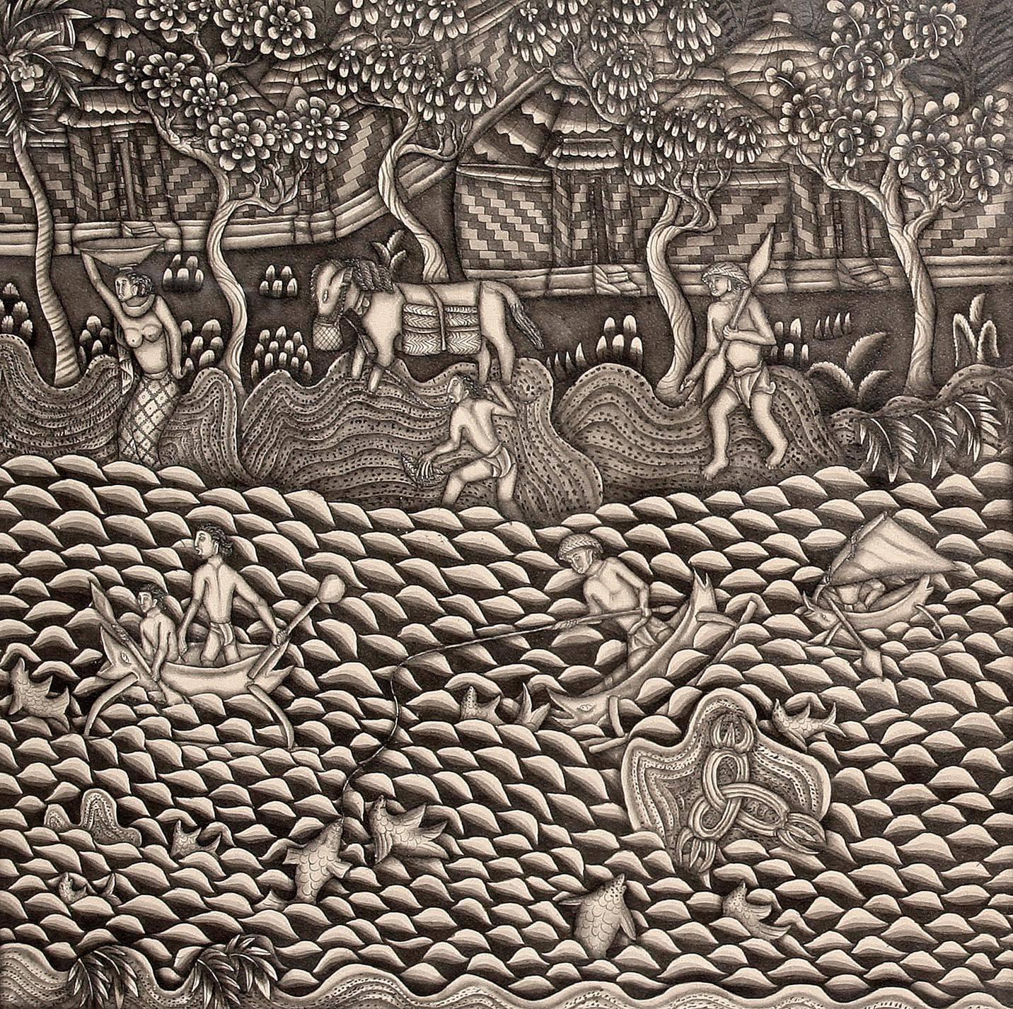 Mid-Century Modern Fine Batuan Allegorical Watercolor, Bali, 1950s