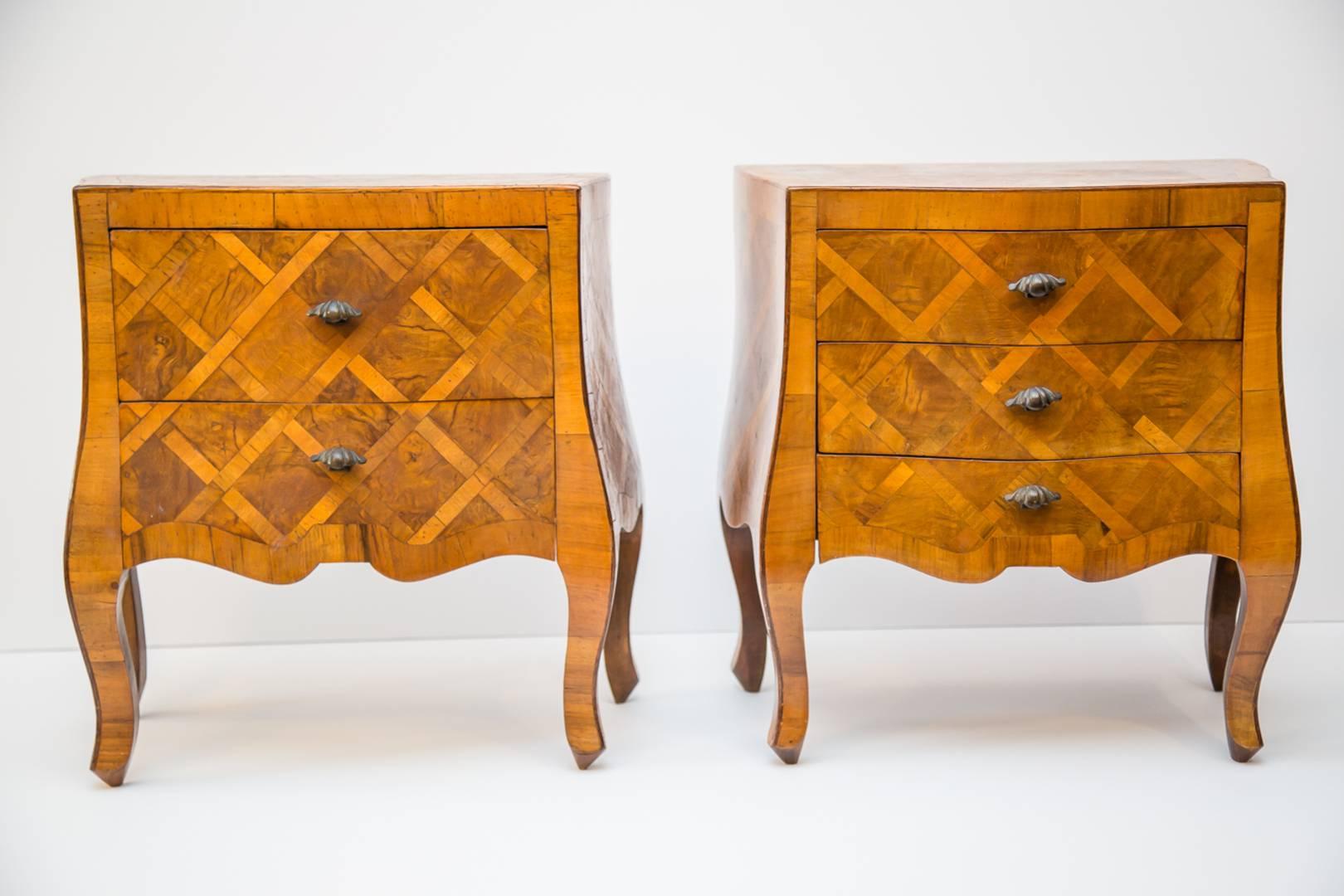Pair of Parquetry Bombay Petite Chests in Italian Figured Walnut. Very unusual size.  Pair not identical.  Circa 1940's