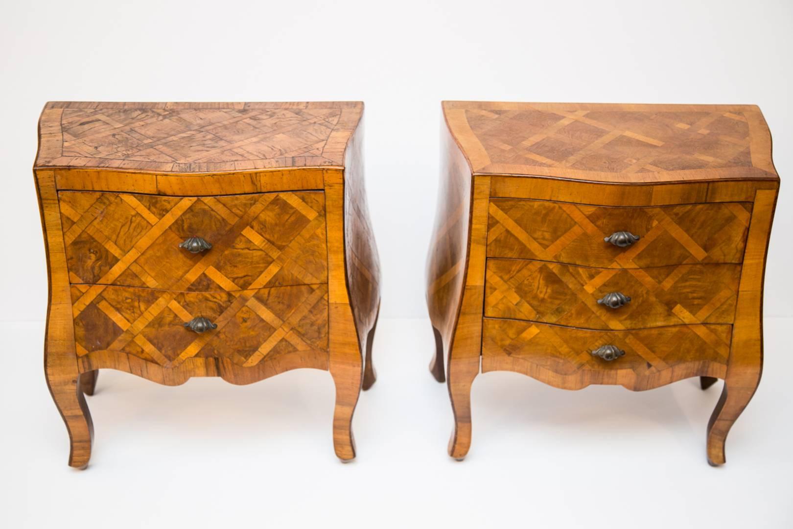Mid-Century Modern Pair of Parquetry Bombay Petite Chests in Italian Figured Walnut