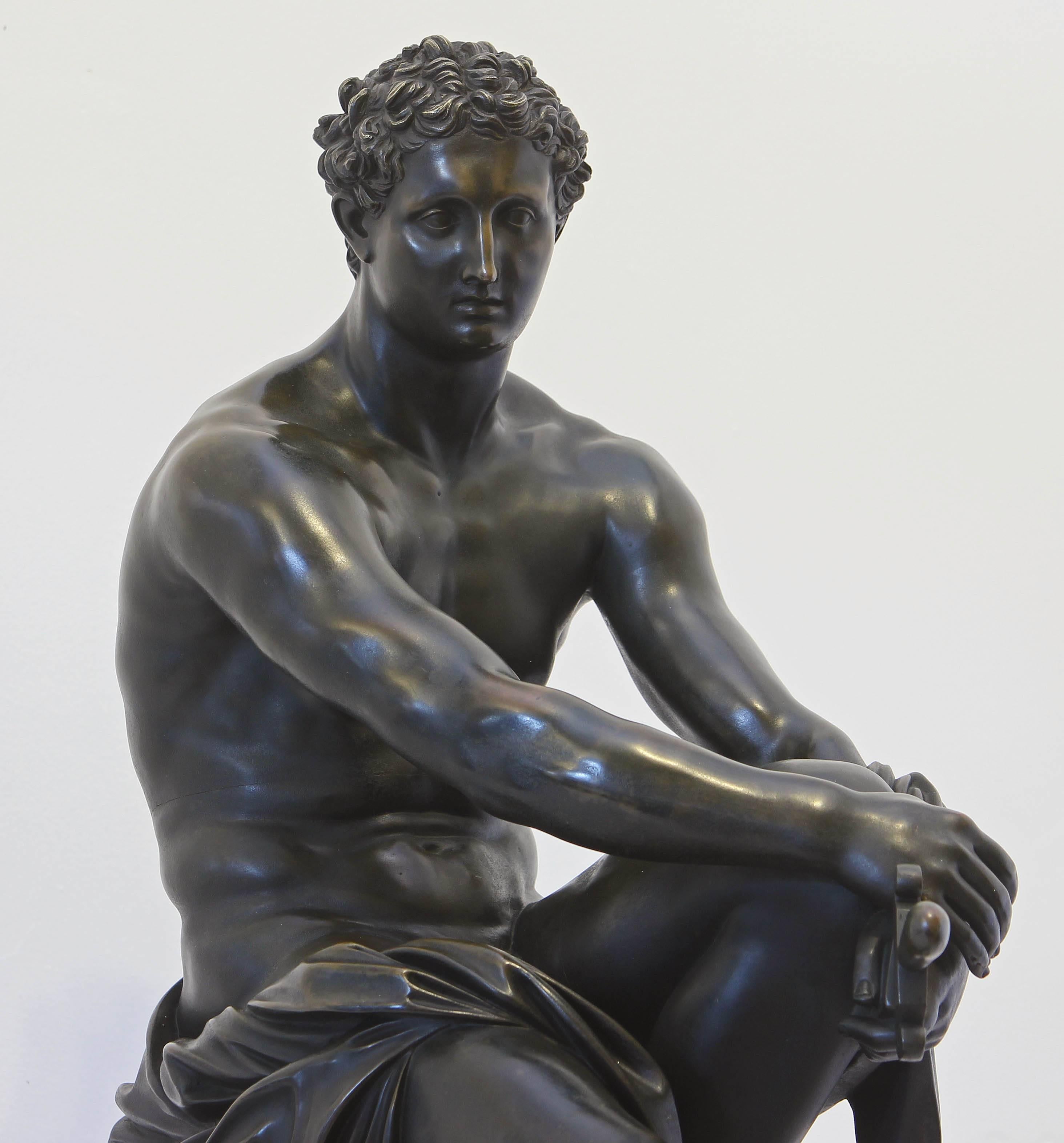 19th century bronze sculpture after the original antique Roman sculpture.   Mythological  gods Mars and Eros. Fine casting. Very large, 1/3 life size.
Italian classical grand tour.