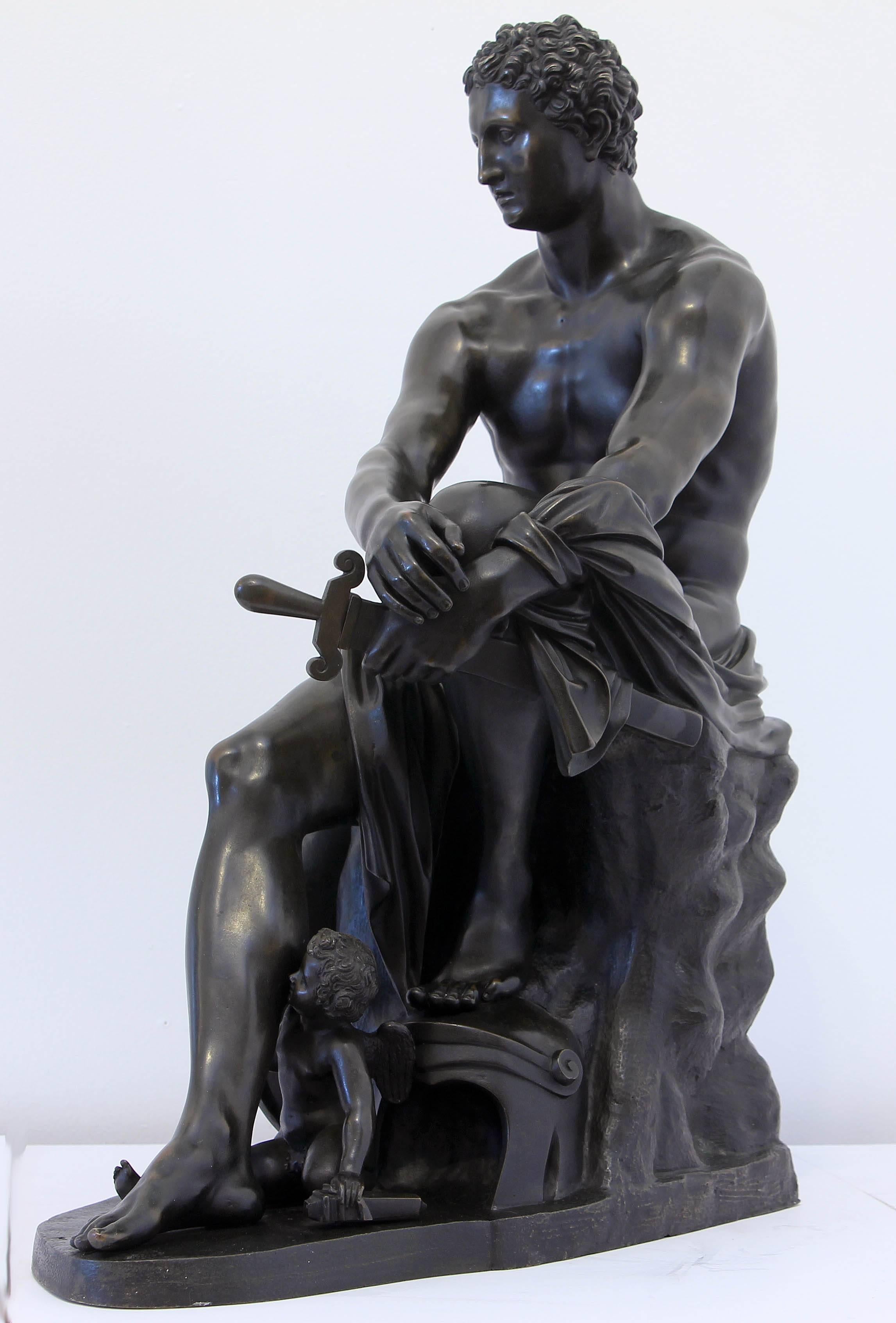 Greco Roman Large Antique Bronze Sculpture of Roman Gods Mars and Eros