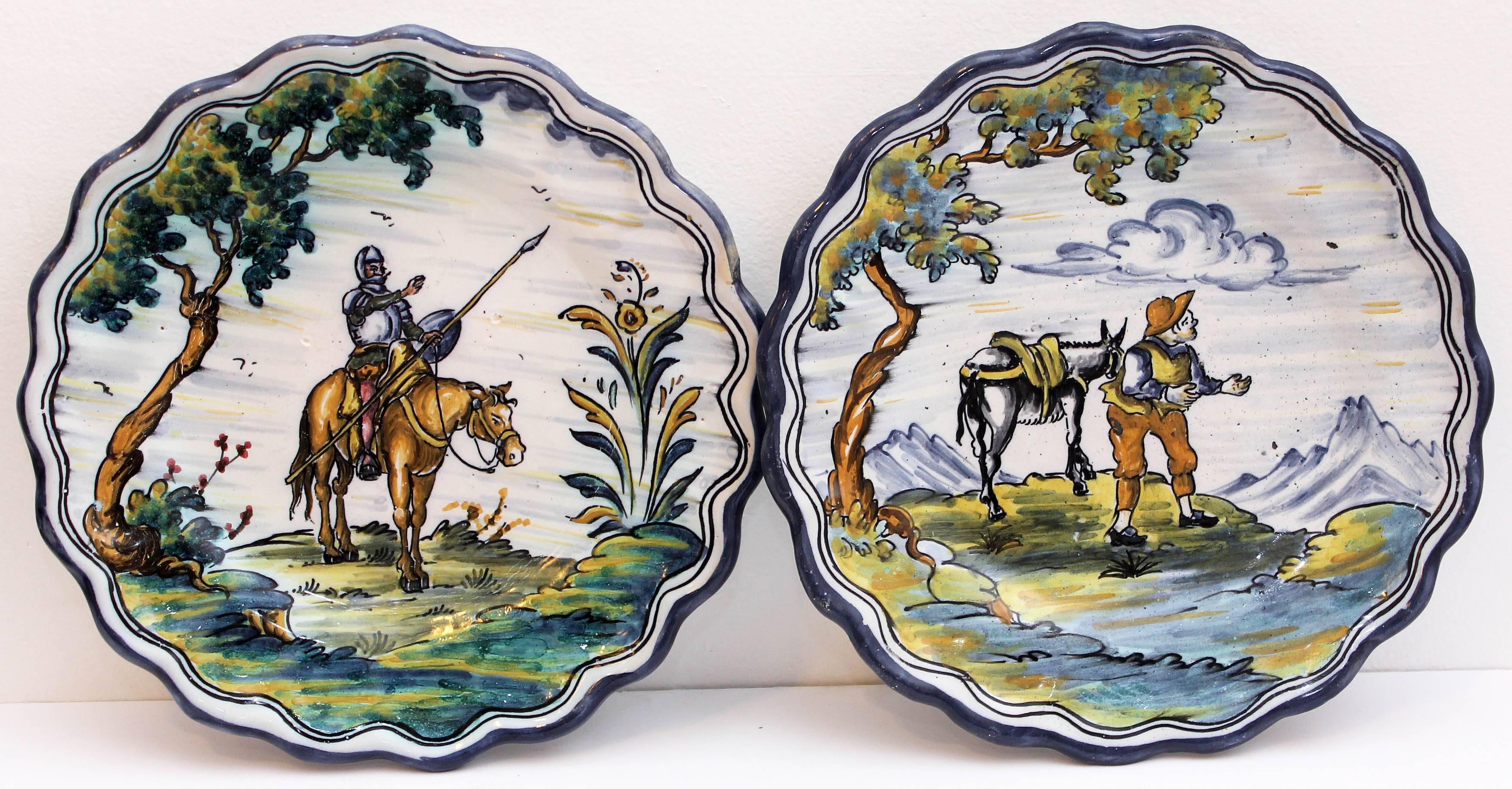 Eight hand-painted dinner plates. Majolica from Talavera, Mexico. Each plate depicts a different scene from the story of Don Quixote.
 