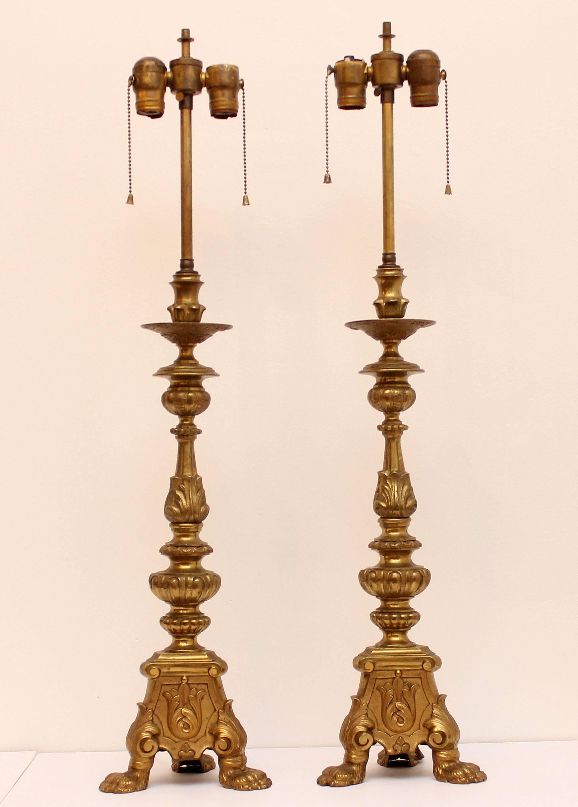 Pair antique brass Renaissance style Pricket table lamps. Fine quality castings, early 20th century.