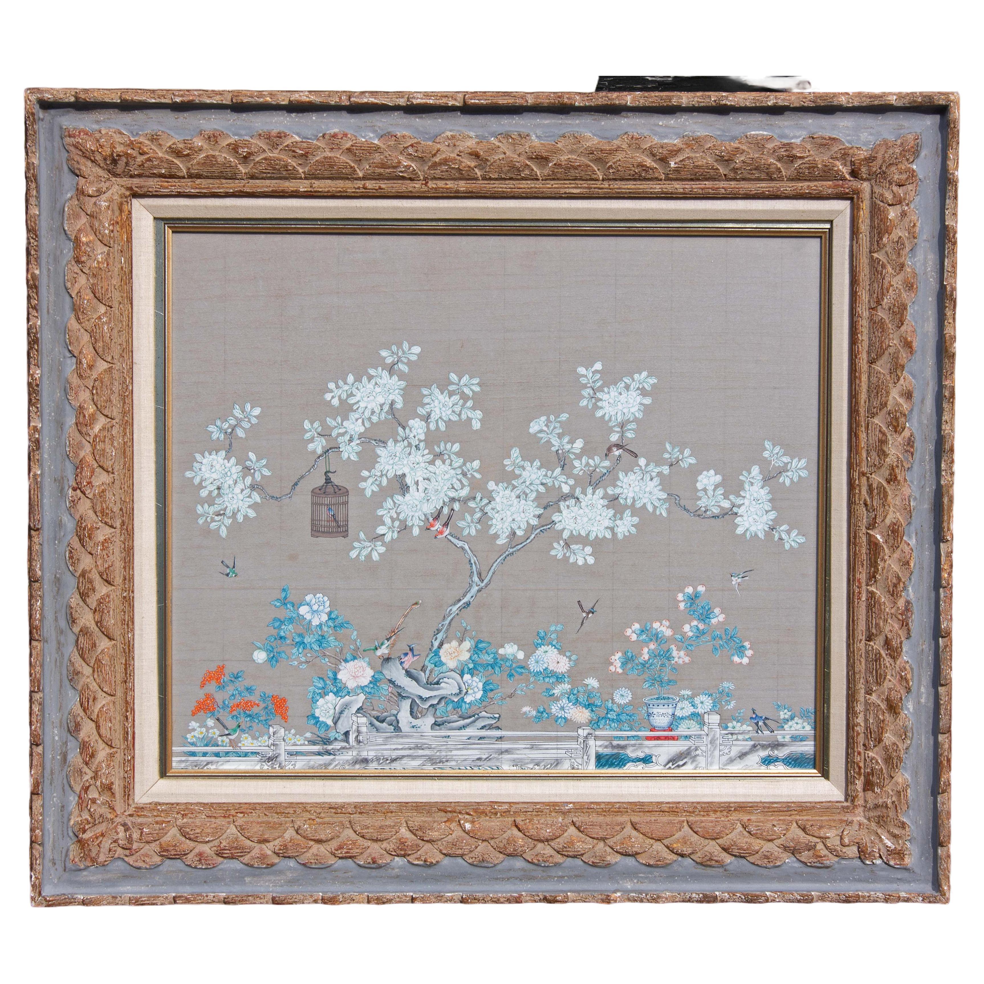 Chinese School Gouache Painting in Carved and Painted Frame circa 1940s For Sale